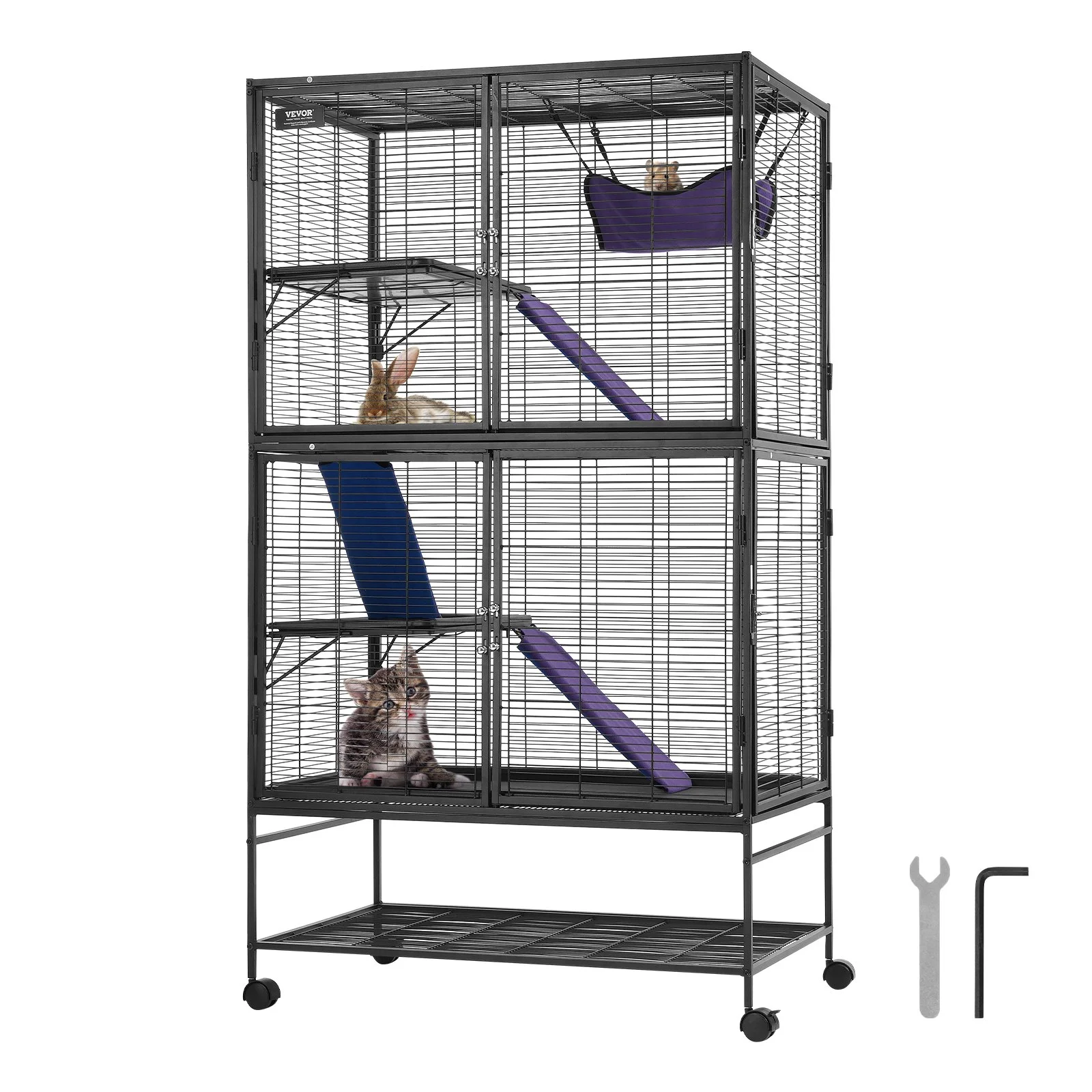 64.6" Rolling Metal Ferret Cage, Large 4-Tier Cage, Small Animal Cage with Ramps & Tray, Easy to Set up for Pet Rats, Hamster, Guinea Pig, Chinchilla, Squirrel, Hedgehogs, Bunny