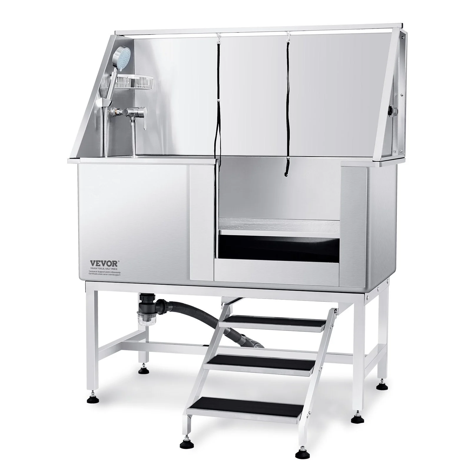 50" Pet Dog Bathing Station w/Stairs, Professional Stainless Steel Dog Grooming Tub w/ Soap Box, Faucet,Rich Accessory, Dog Bathtub for Large,Medium,Small Pets, Washing Sink for Home Right