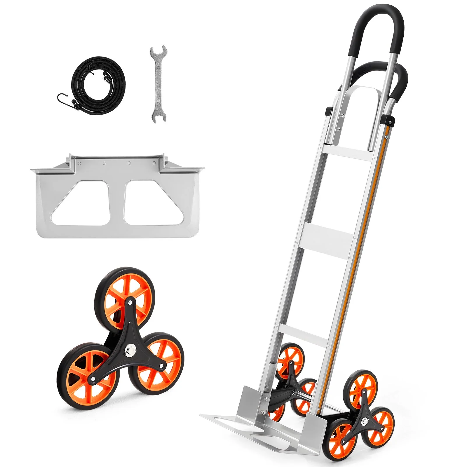 Stair Climbing Cart, 330 lbs Stair-Climb Capacity, Aluminum Alloy Folding Trolley Cart with Telescoping Handle, 6 Wheels and 2 Bungee Cords, Stair Climber Dolly for Home, Groceries, Warehouse