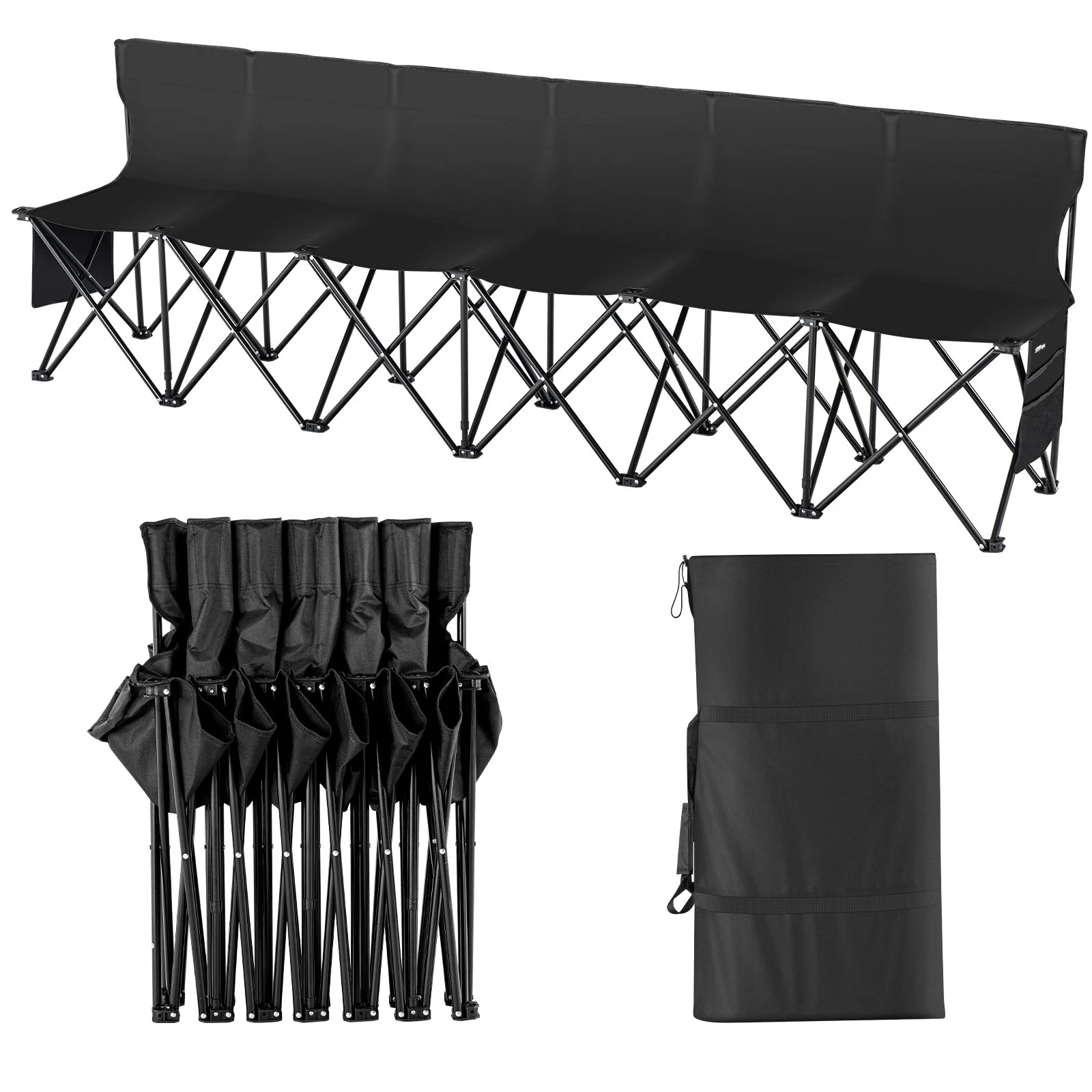 Portable Folding Bench, 6 Seat Foldable Soccer Bench with Side Pockets and Carrying Bag, Lightweight Sideline Seating with Back Rest for Football, Baseball, Camping, Outdoor Events, Black
