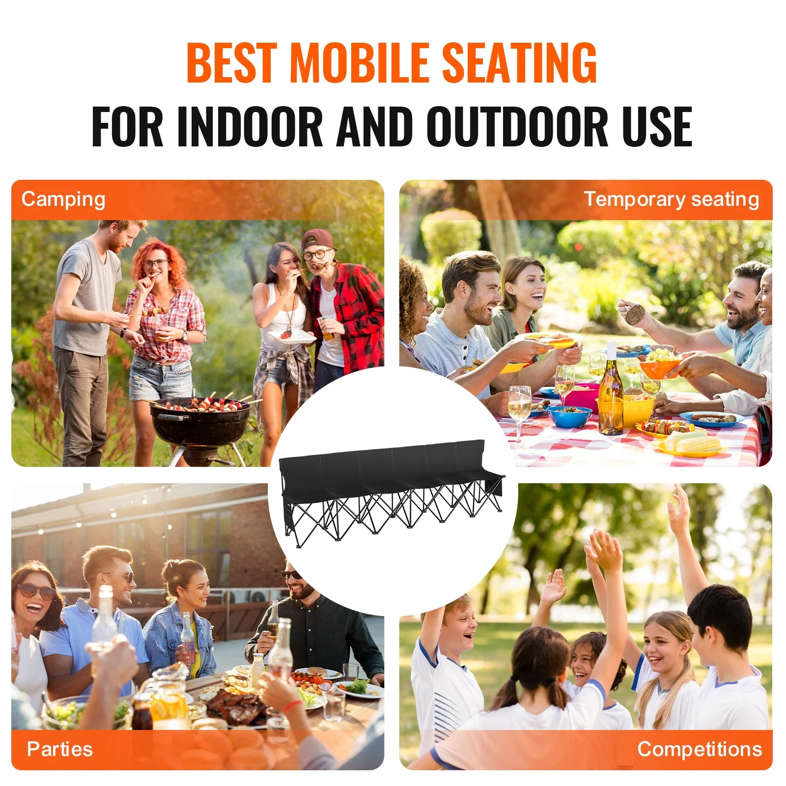 Portable Folding Bench, 6 Seat Foldable Soccer Bench with Side Pockets and Carrying Bag, Lightweight Sideline Seating with Back Rest for Football, Baseball, Camping, Outdoor Events, Black - Image 6