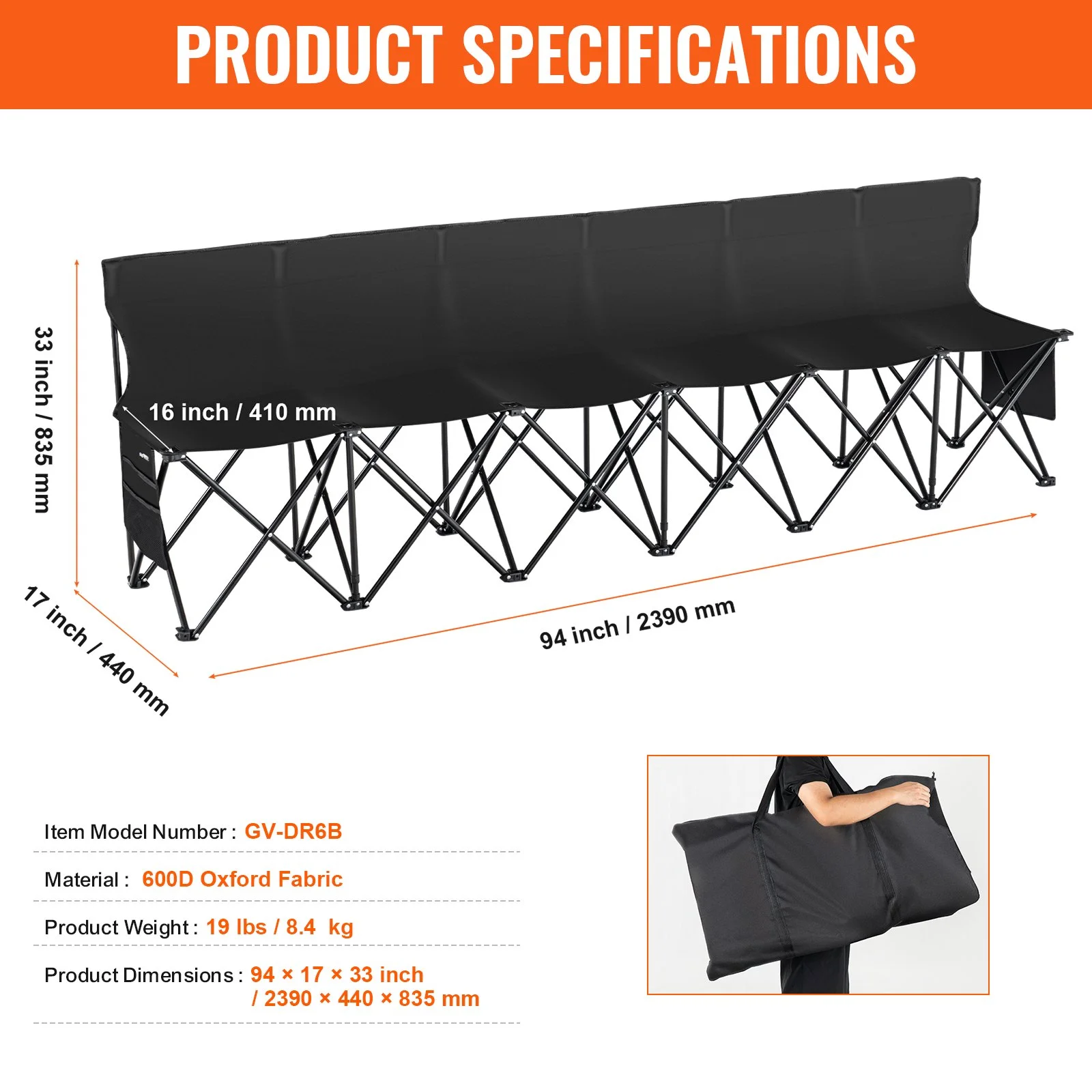 Portable Folding Bench, 6 Seat Foldable Soccer Bench with Side Pockets and Carrying Bag, Lightweight Sideline Seating with Back Rest for Football, Baseball, Camping, Outdoor Events, Black - Image 7
