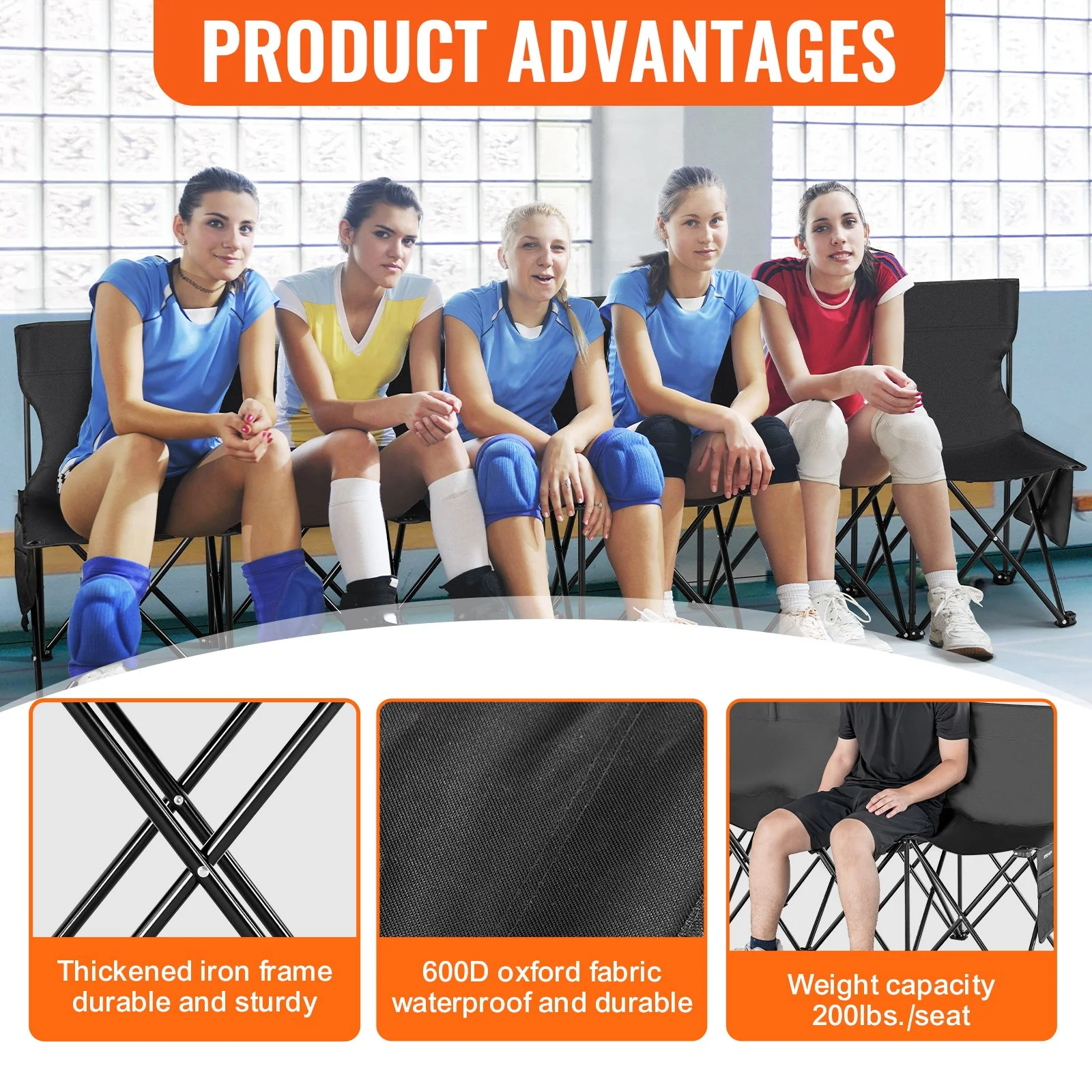 Portable Folding Bench, 6 Seat Foldable Soccer Bench with Side Pockets and Carrying Bag, Lightweight Sideline Seating with Back Rest for Football, Baseball, Camping, Outdoor Events, Black - Image 4