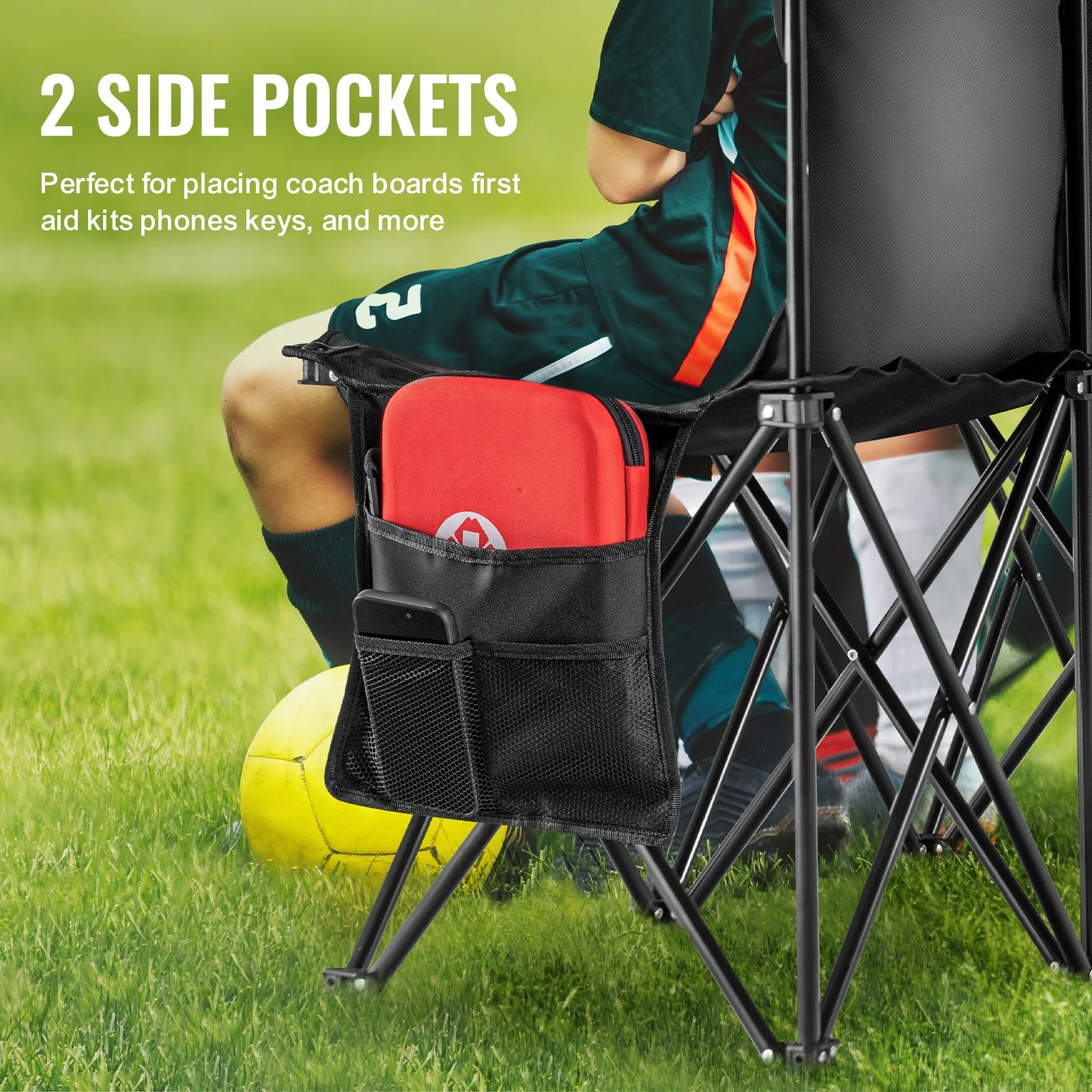 Portable Folding Bench, 6 Seat Foldable Soccer Bench with Side Pockets and Carrying Bag, Lightweight Sideline Seating with Back Rest for Football, Baseball, Camping, Outdoor Events, Black - Image 3
