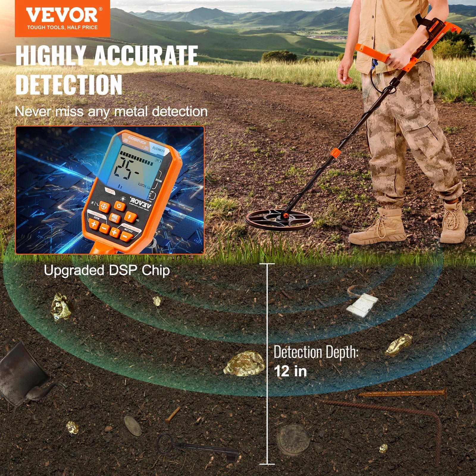 Waterproof Metal Detector, 12" Coil, Professional Rechargeable Gold Detector, 39-50 in Adjustable with LCD 7 Modes Advanced DSP Chip Bluetooth Headset, IP68 for Detecting Gold Treasure Hunting - Image 3