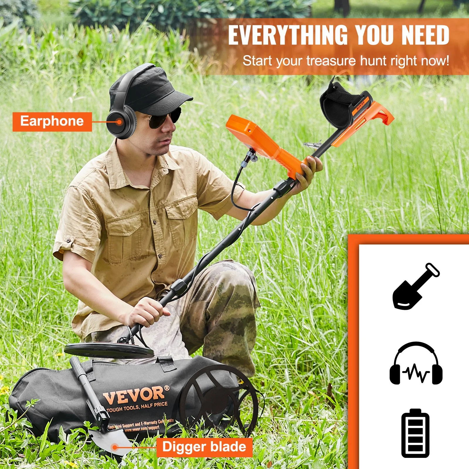Waterproof Metal Detector, 12" Coil, Professional Rechargeable Gold Detector, 39-50 in Adjustable with LCD 7 Modes Advanced DSP Chip Bluetooth Headset, IP68 for Detecting Gold Treasure Hunting - Image 7