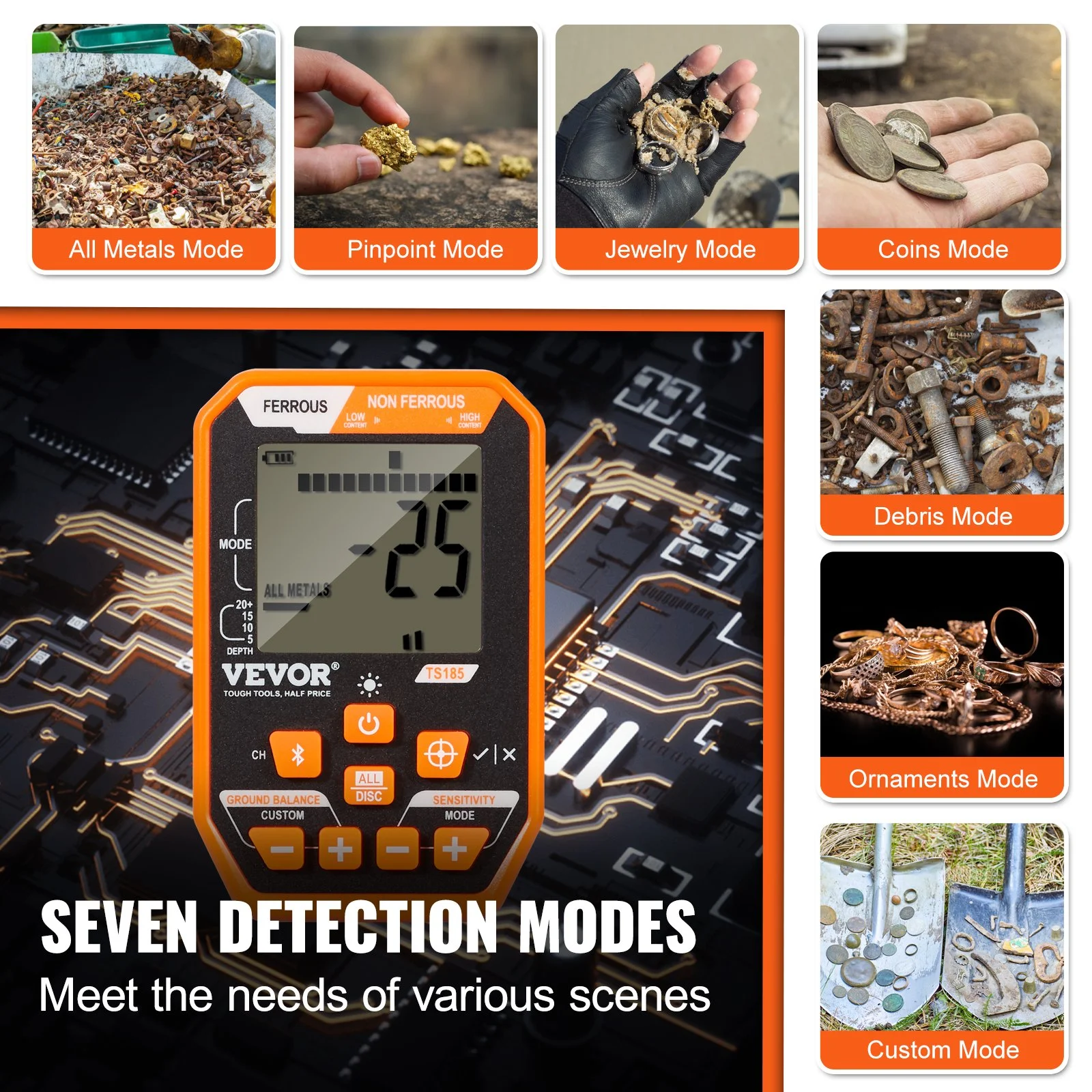 Waterproof Metal Detector, 12" Coil, Professional Rechargeable Gold Detector, 39-50 in Adjustable with LCD 7 Modes Advanced DSP Chip Bluetooth Headset, IP68 for Detecting Gold Treasure Hunting - Image 6