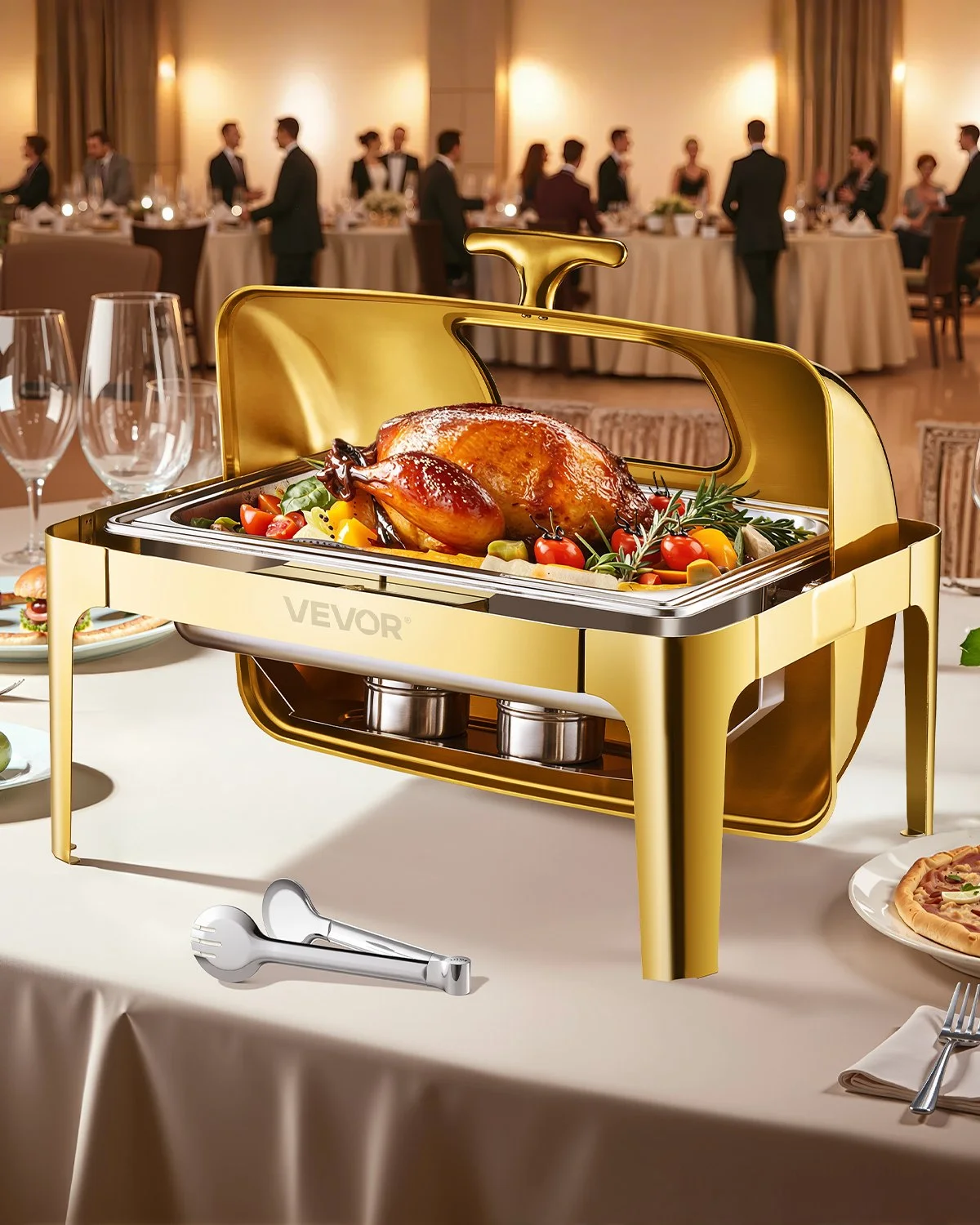 Roll Top Chafing Dish Buffet Complete Set, 9Qt Stainless Steel Chafer with Full Size Pan, Rectangle Catering Warmer Server with Visible Lid Water Pan Folding Stand Fuel Holder Meal Clip, Gold