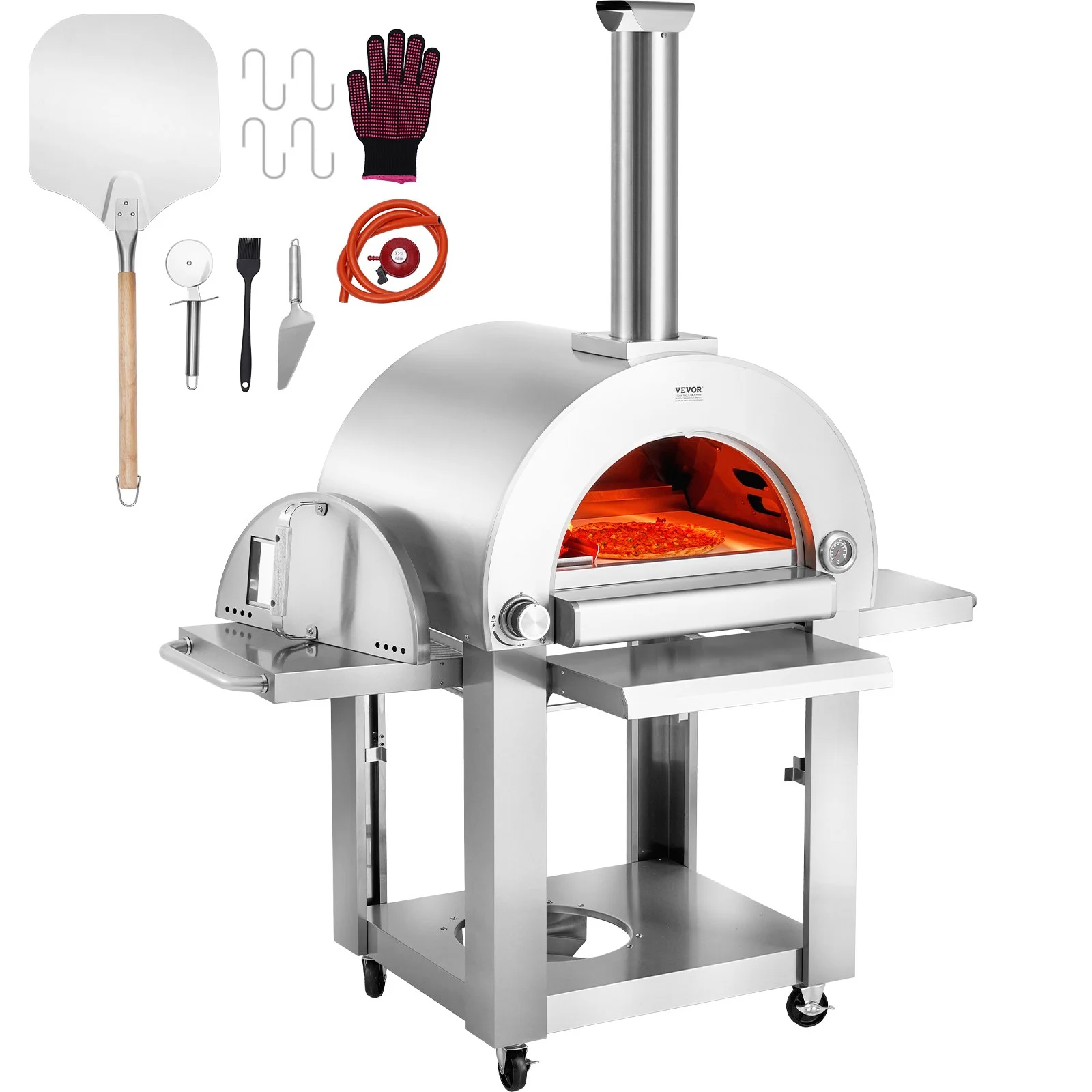 Dual Fuel Pizza Oven for Outdoor Use, 22" Portable Pizza Oven, Pellet & Gas Powered Outdoor Pizza Oven with Thickened Cordierite Pizza Stone, Easy to Move with Casters for Camping & Backyard
