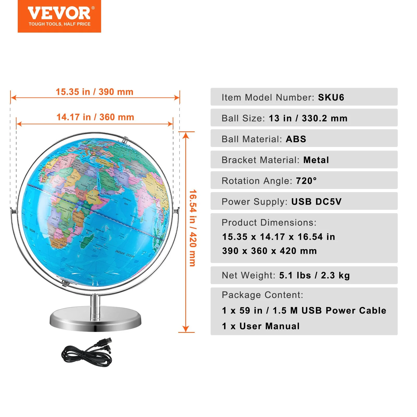 Illuminated World Globe with Stand, 13 in/330.2 mm, Educational Earth Globe with Stable Heavy Metal Base and LED Constellation Night Light HD Printed Map, Spinning for Kids Classroom Learning - Image 11