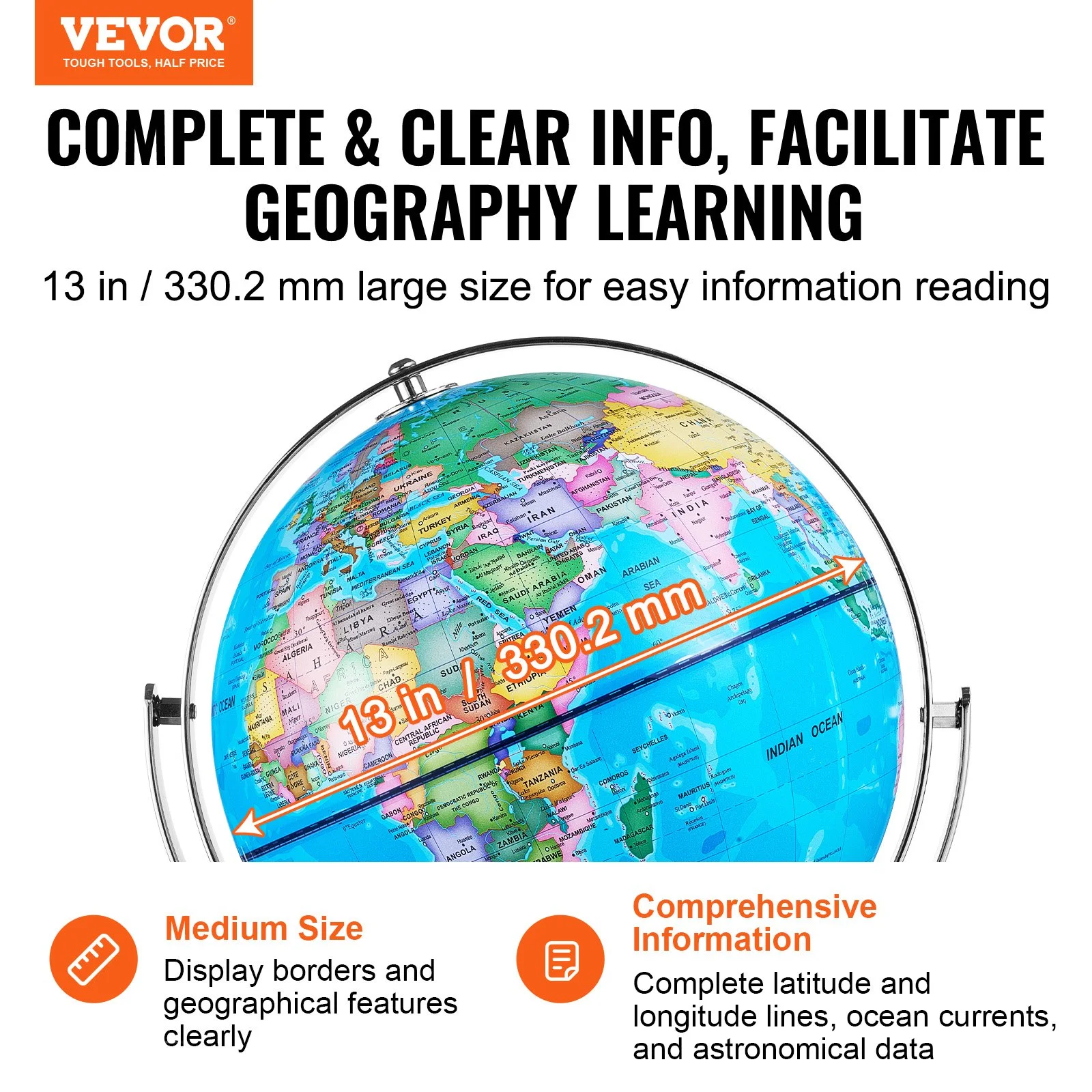 Illuminated World Globe with Stand, 13 in/330.2 mm, Educational Earth Globe with Stable Heavy Metal Base and LED Constellation Night Light HD Printed Map, Spinning for Kids Classroom Learning - Image 12
