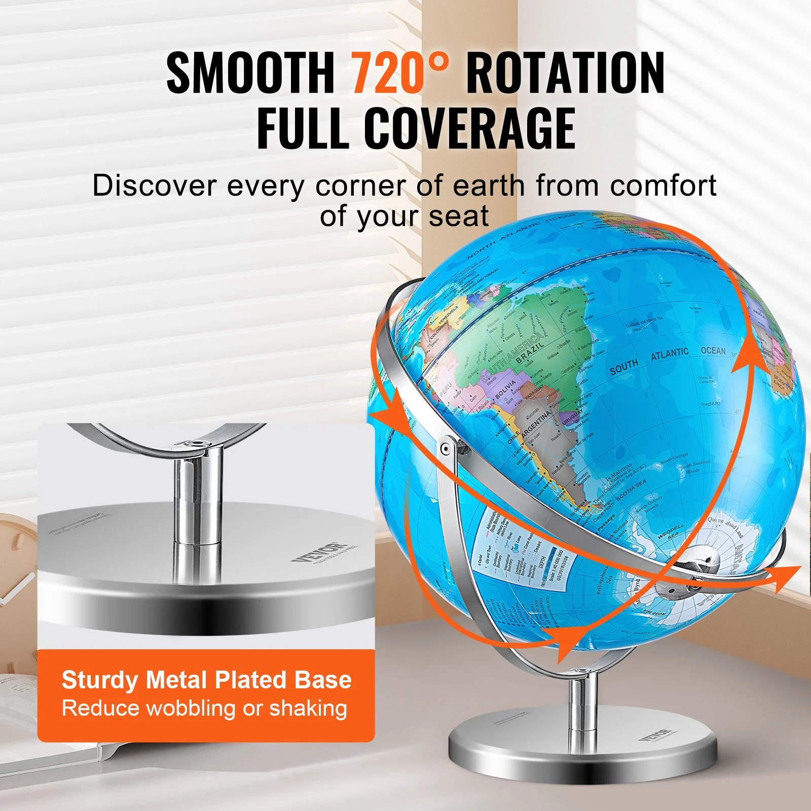 Illuminated World Globe with Stand, 13 in/330.2 mm, Educational Earth Globe with Stable Heavy Metal Base and LED Constellation Night Light HD Printed Map, Spinning for Kids Classroom Learning - Image 8
