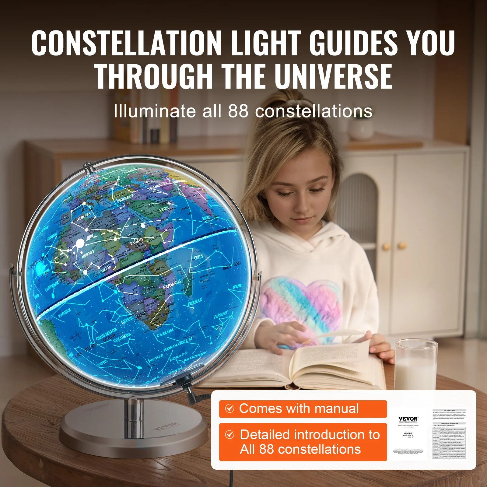 Illuminated World Globe with Stand, 13 in/330.2 mm, Educational Earth Globe with Stable Heavy Metal Base and LED Constellation Night Light HD Printed Map, Spinning for Kids Classroom Learning - Image 7
