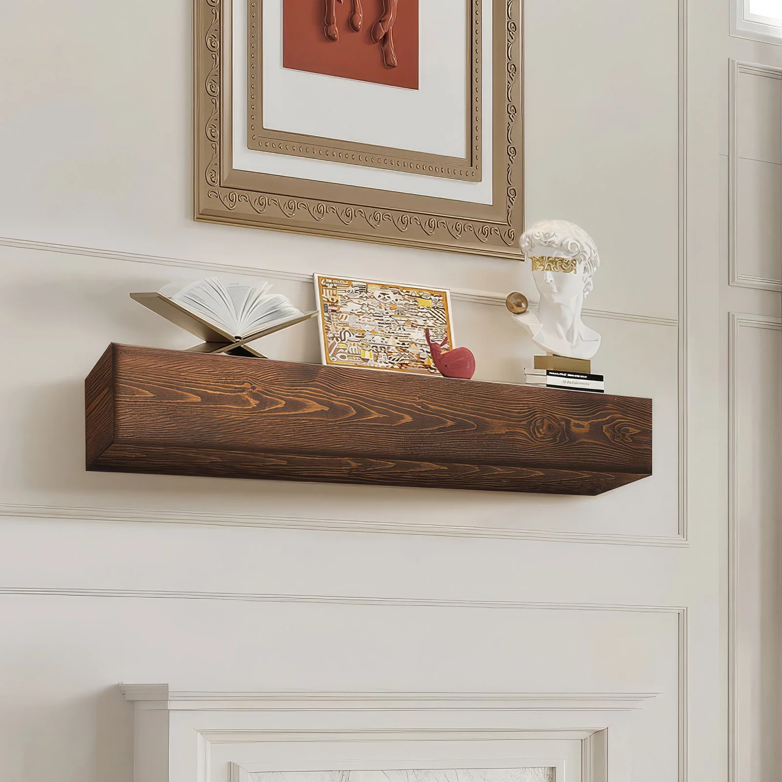 Fireplace Mantel, 60" x 8" x 6", 50 lbs Weight Capacity, Natural Wood Mantel for Over Fireplace, Wall Mounted Floating Farmhouse Shelf, Handcrafted Fireplace Mantel for Wall Decor, Natural Brown