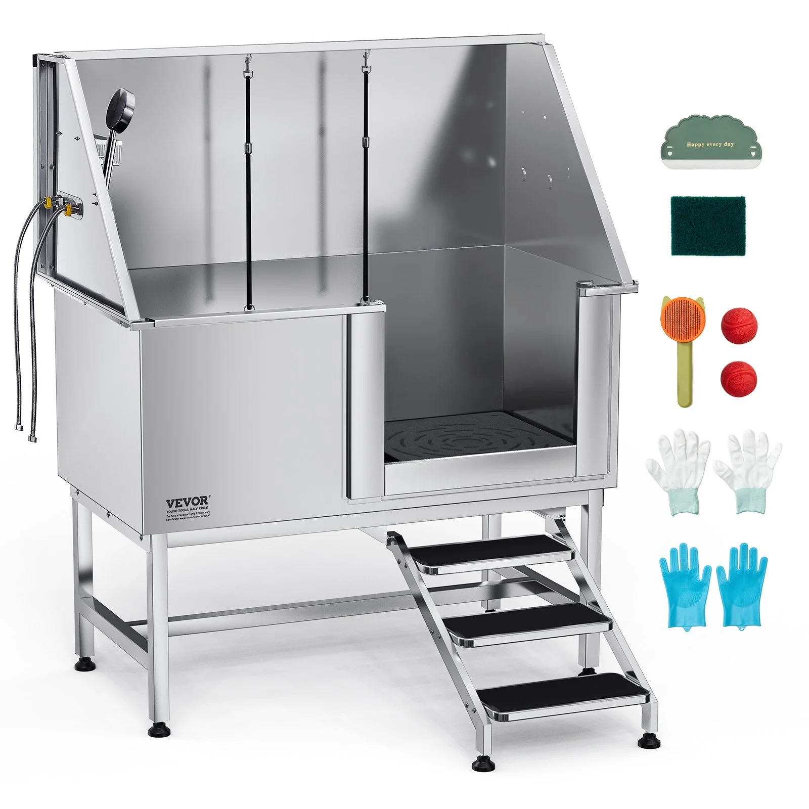 Stainless Steel Dog Washing Station 50 Inch Pet Grooming Tub with Low-Slope Non-Slip Stairs, Hot & Cold Faucet, Showerhead, Home Wash Sink, Fits Medium and Large Pets (Right Door)