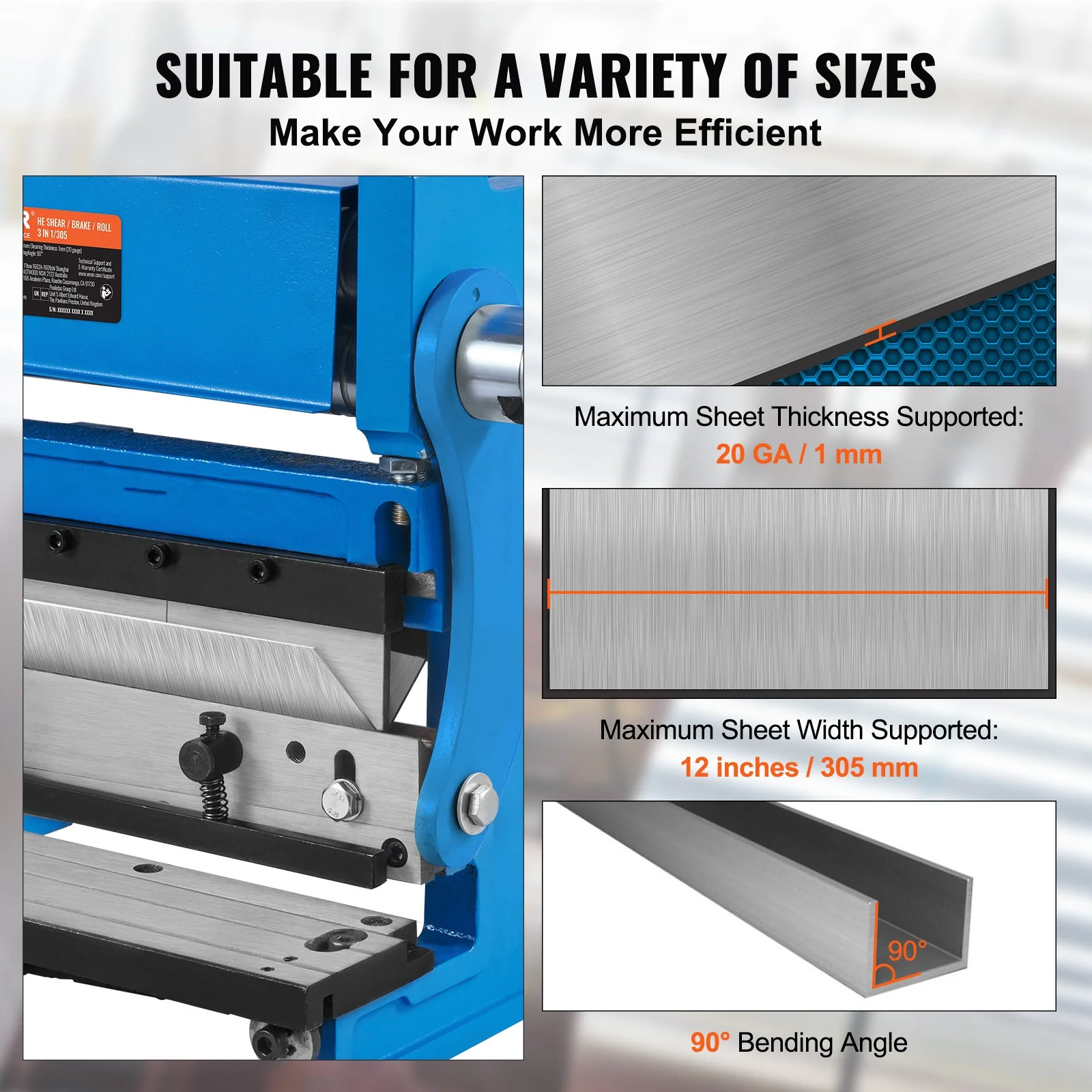Sheet Metal Brake, 12-inch, 3-In-1 Combination Shear Brake Roll Machine, 20-Gauge Capacity Shear Press Brake with 90° Max Bending Angle, Shears and Slip Roll Machine for Shear Bending Rolling - Image 9
