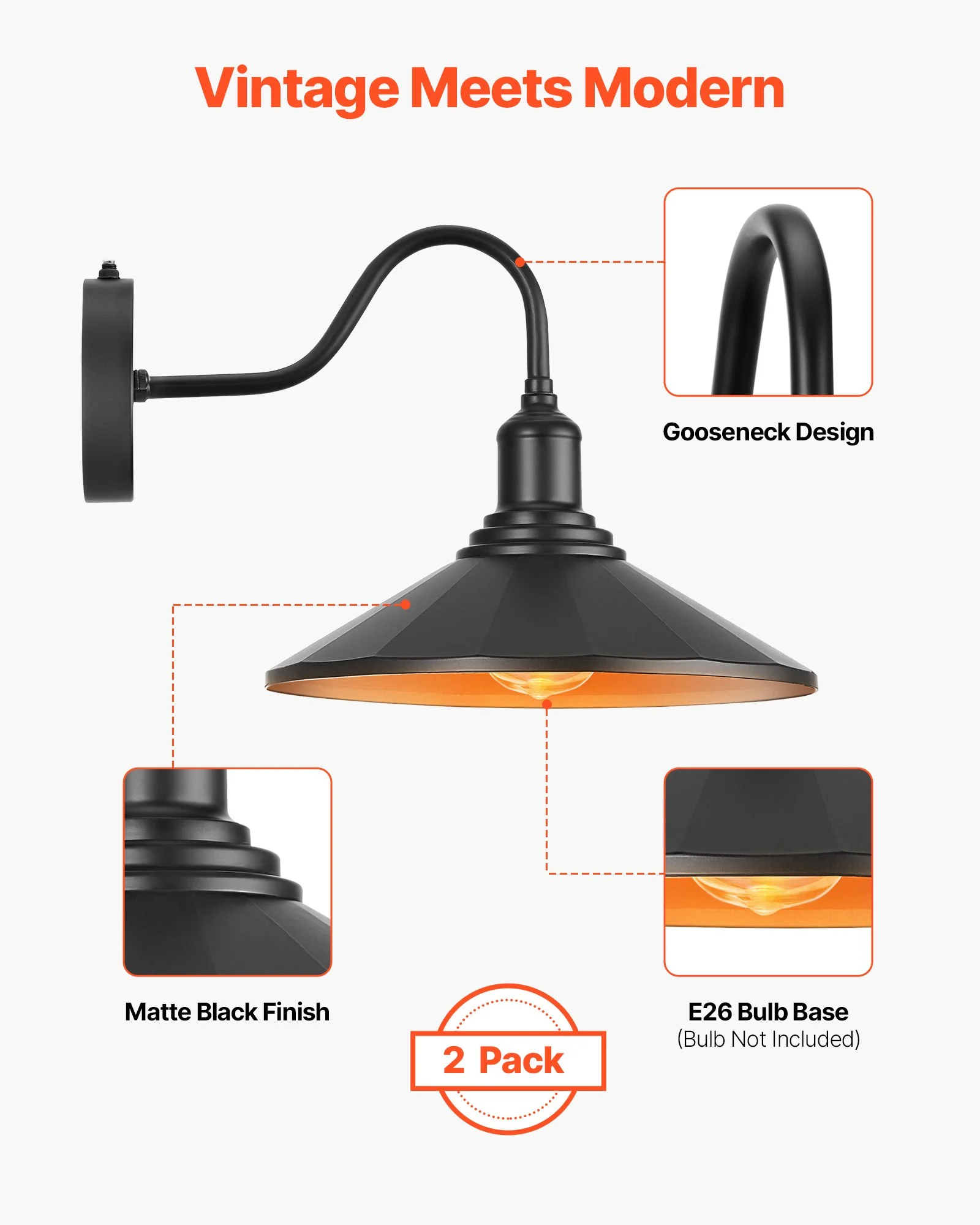Outdoor Barn Light, 11.5 in Diameter, 2-Pack Farmhouse Gooseneck Light Fixture, Dusk to Dawn Exterior Wall Sconce, with Anti-Rust, E26 Bulb Compatible for Porch, House, Entryway, Garage, Black - Image 8