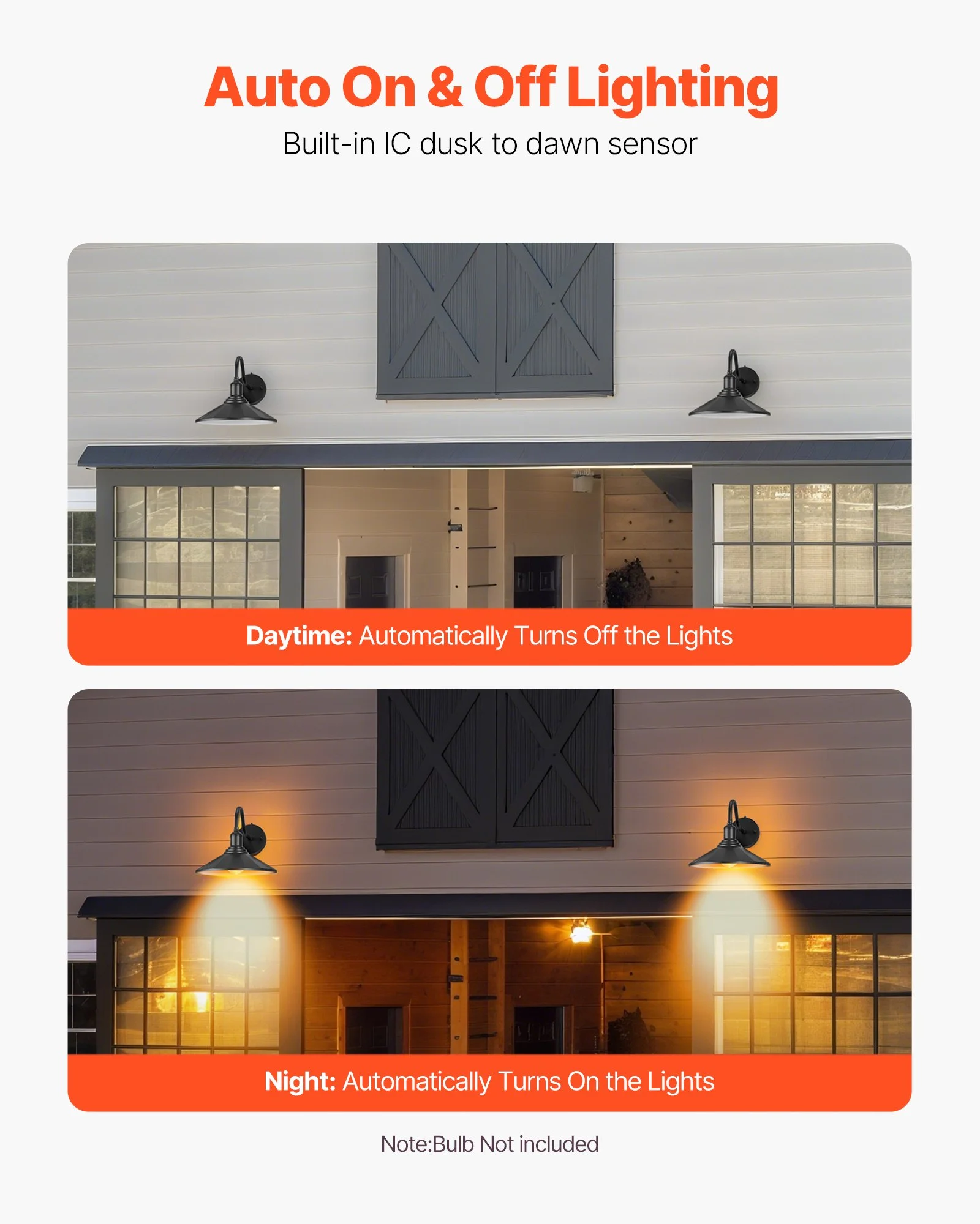 Outdoor Barn Light, 11.5 in Diameter, 2-Pack Farmhouse Gooseneck Light Fixture, Dusk to Dawn Exterior Wall Sconce, with Anti-Rust, E26 Bulb Compatible for Porch, House, Entryway, Garage, Black - Image 9