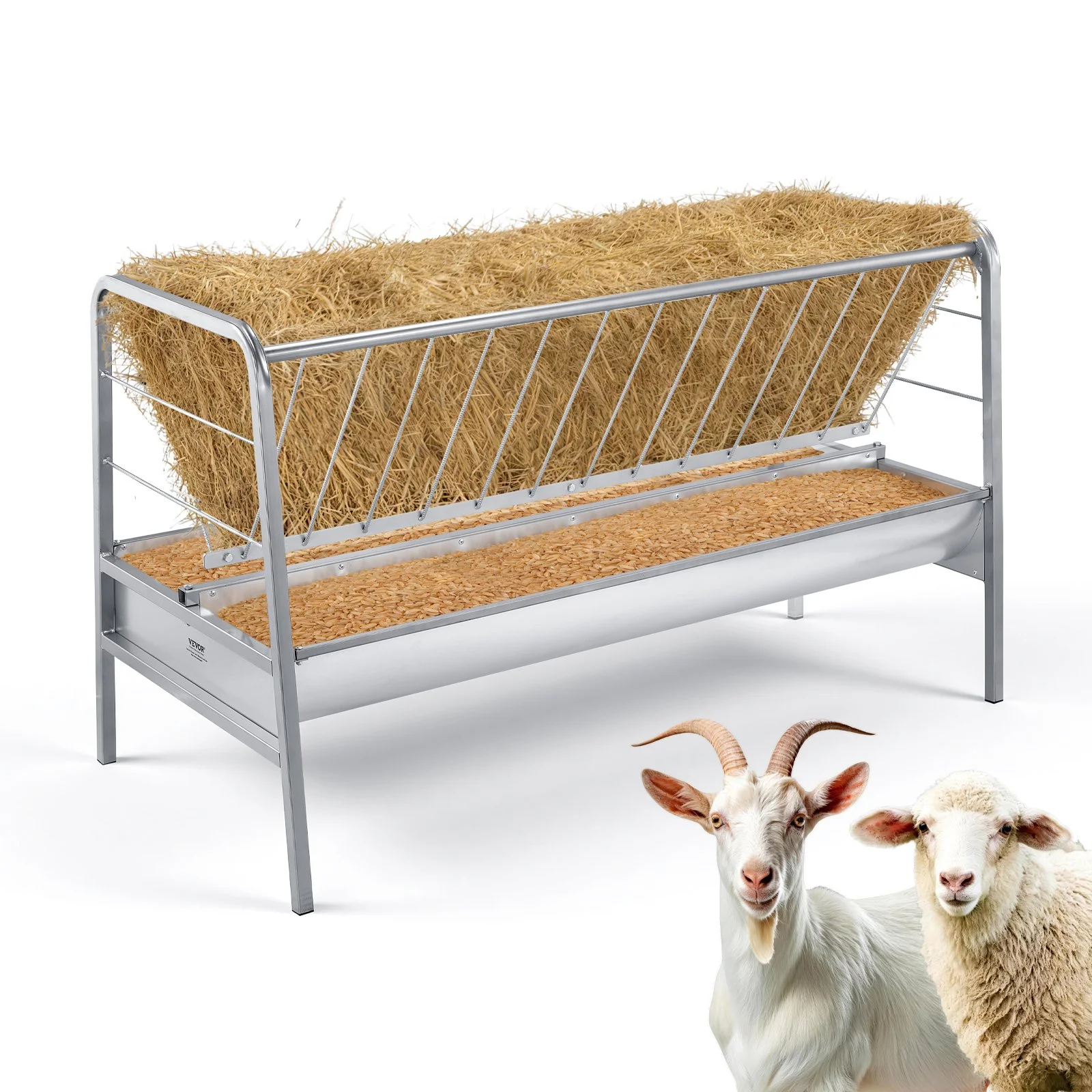 Livestock Hay Feeder, 2 in 1 Grain & Hay Feeder, 80-Gallon Capacity, 57.9" Long Goat Pasture Feeding with Deeper Feeding Pan, Heavy Duty Steel Grain Holder for Sheep Sheds, Farms, Horse Barns