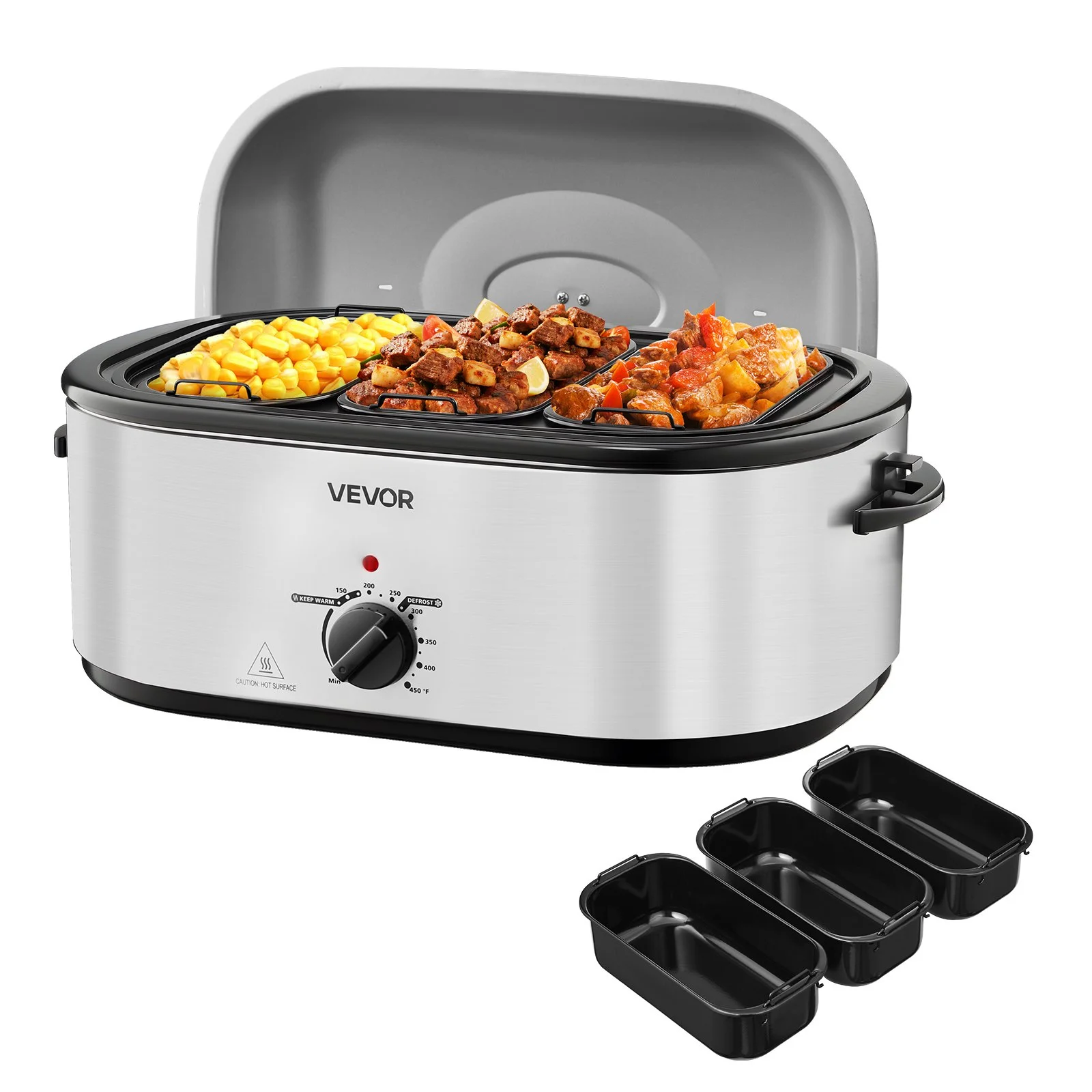 Roaster Oven, 24QT Electric Turkey Roaster Oven, 150-450℉ Adjustable Temperature Electric Roasting Pan with 3 Bin Buffet Server, Self-Basting Lid, Defrost & Warm Function, Self-Basting Lid