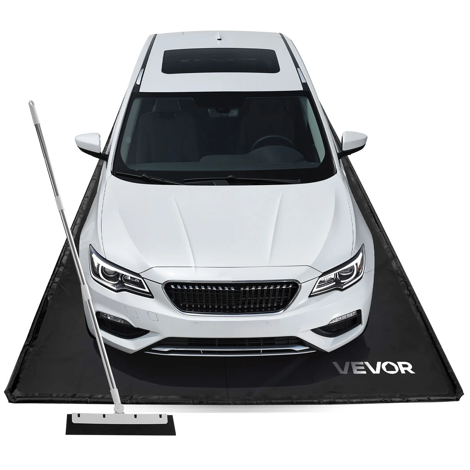 Containment Mat, 8 ft 6 in x 20 ft, Non-Slip PVC Garage Floor Mat with a Cleaning Squeegee, Heavy Duty Durable Waterproof Protection from Snow, Rain and Mud for Cars SUVs Trucks Parking, Black