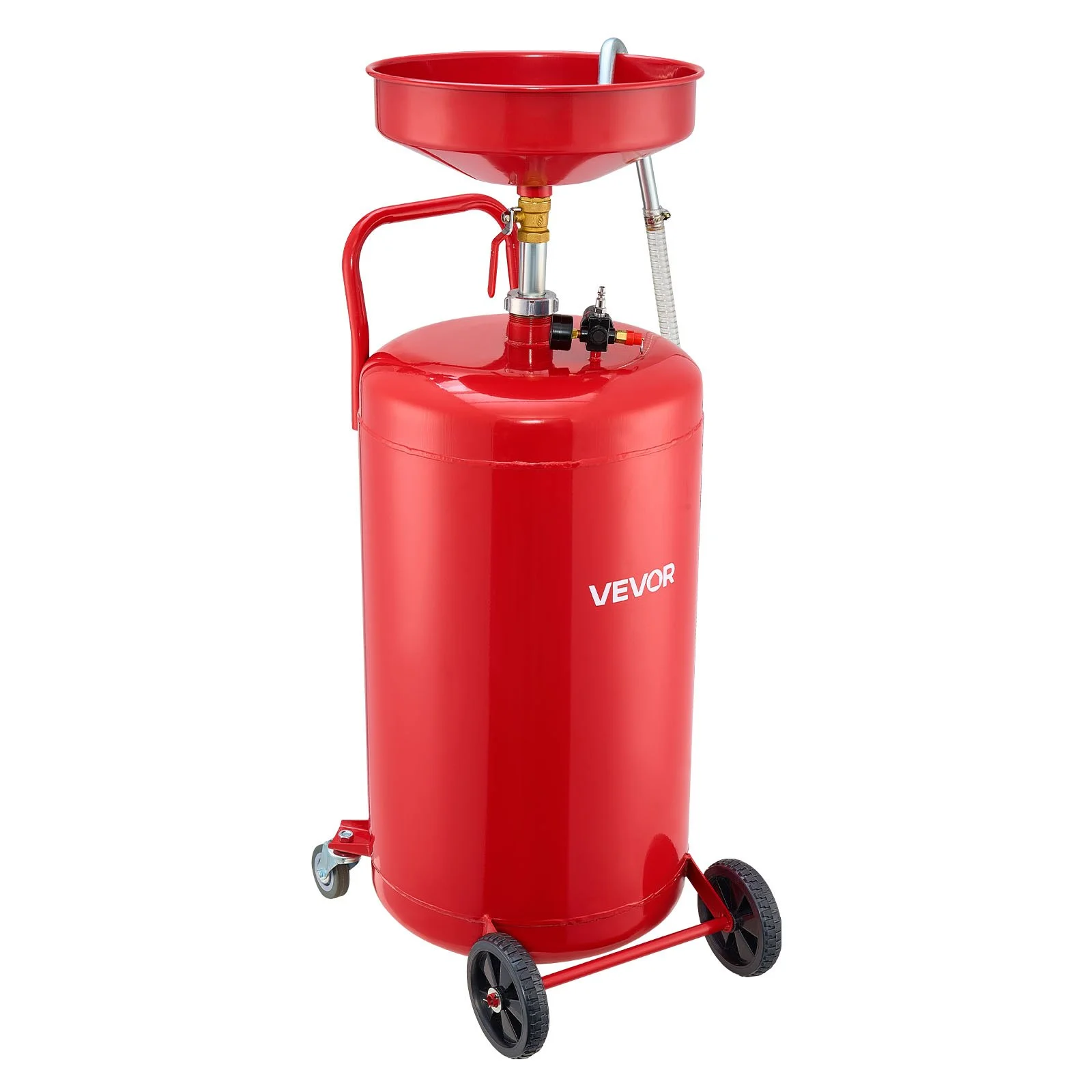 25 Gallon Waste Oil Drain Tank, Air Operated Portable Oil Drainer with Adjustable Funnel Height, Industrial Fluid Drain Tank with Wheels, Fluid Fuel Transfer Drainage for Auto Repair Shops, Red
