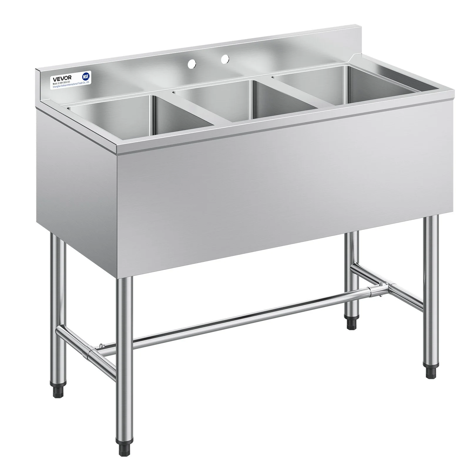 3 Compartment Sink, 18-Gauge 304 Stainless Steel, 10" x 14" x 10" Bowl Size, 3 Bay Commercial Under Bar Sink with Backsplash and Efficient Drainage for Kitchen, Restaurant, Food Truck & Home Use