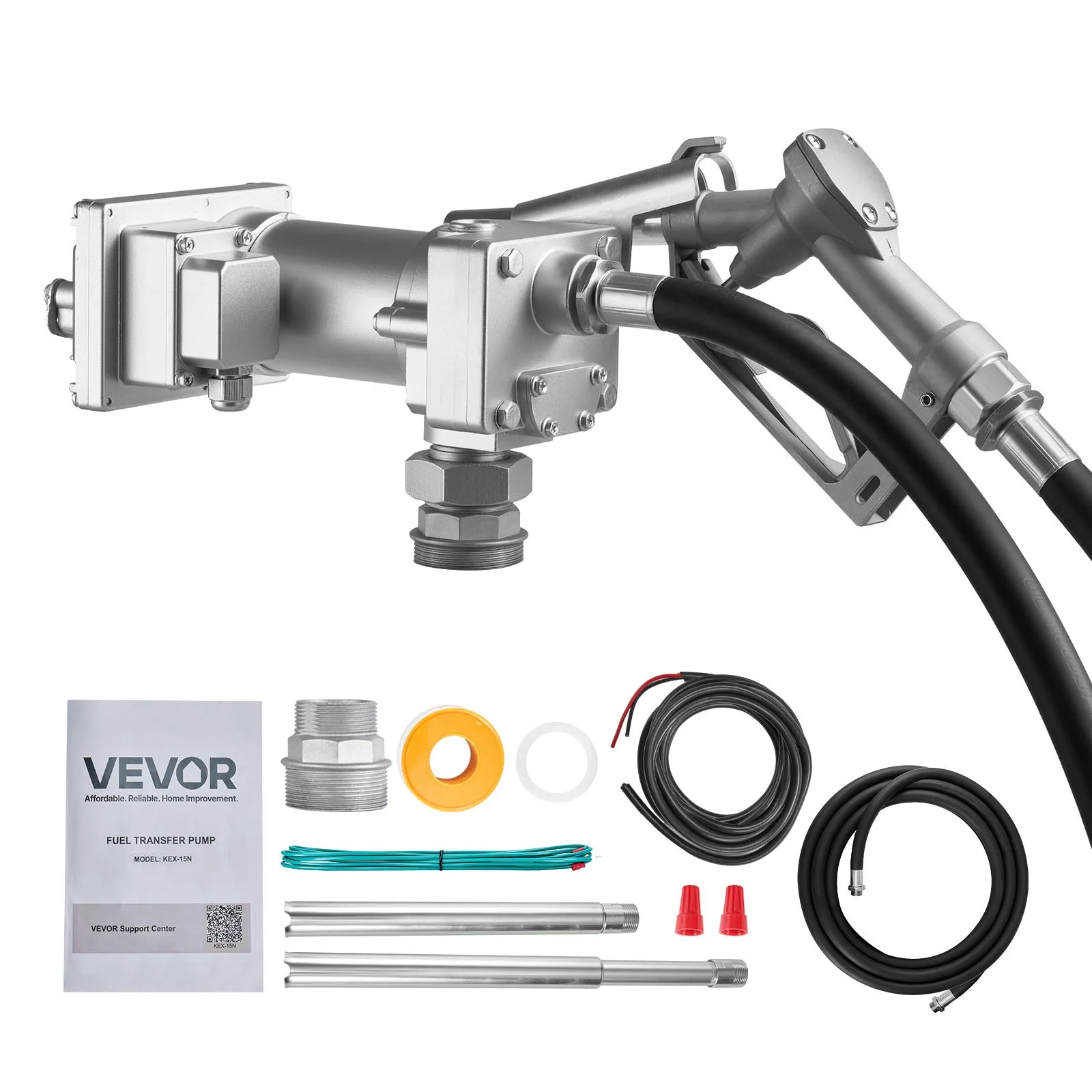 Fuel Transfer Pump, 12V DC 15 GPM, Cast Iron Diesel Transfer Pump Kit, with Manual Shut-Off Nozzle, Discharge Hose, Overheat Protection, 1/3 HP Explosion-Proof, for Gasoline Diesel Kerosene