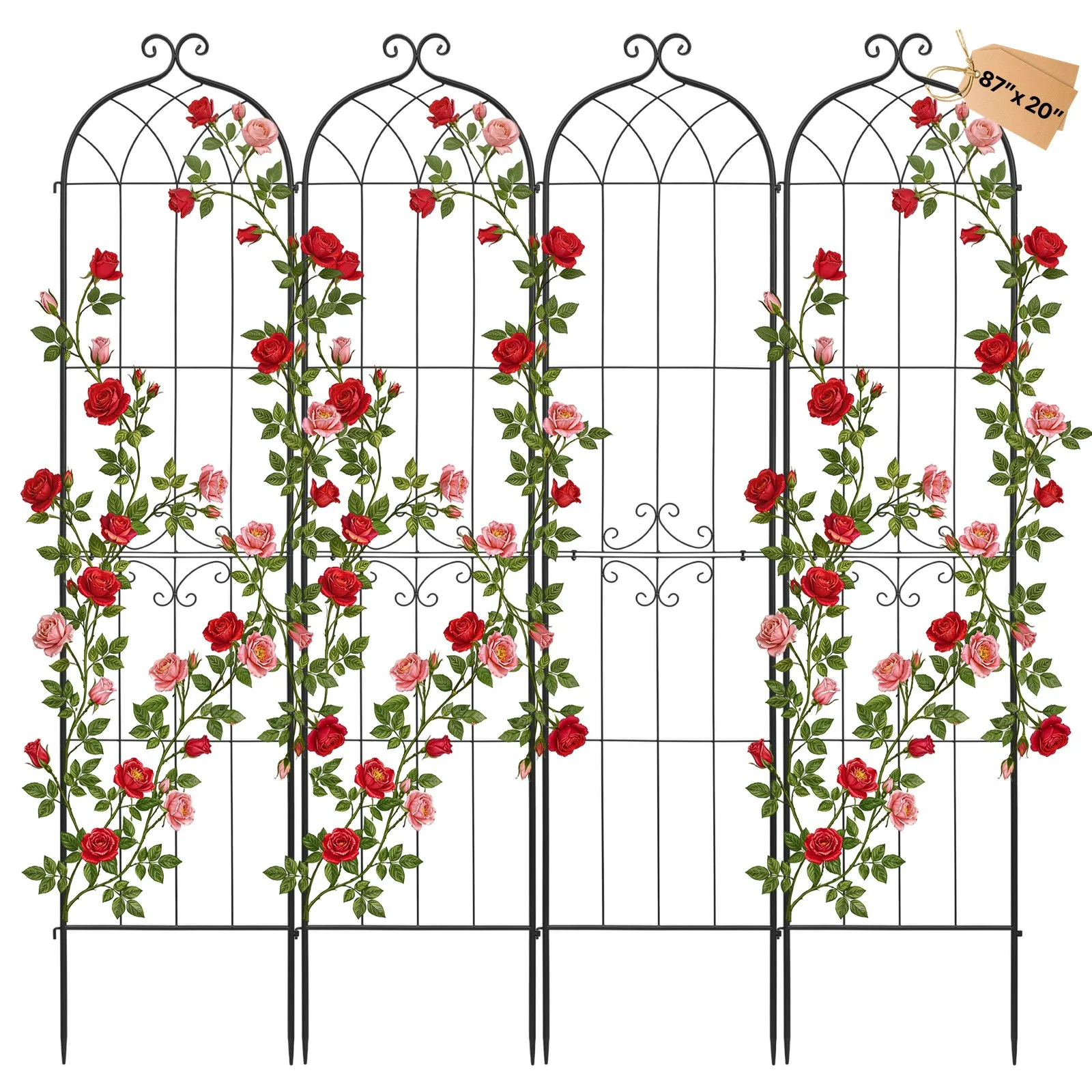 Garden Trellis, 87 x 20 inch Rose Trellis, 4 Packs Garden Flower Rose Trellises with Powder-Coated Finish & Convenient Locking Design, Plant Support Trellises for Flowers, Vegetables, Roses