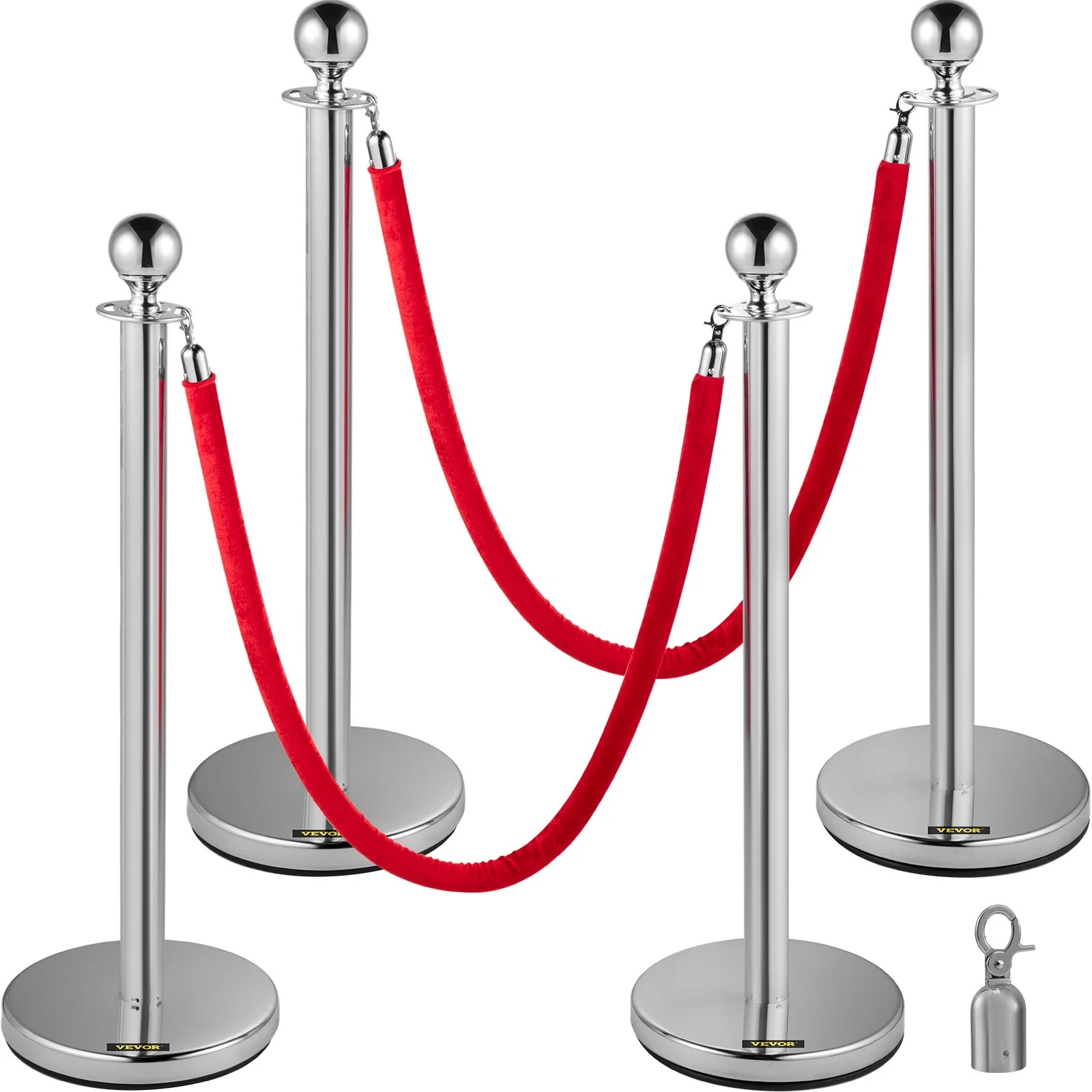 4PCS Stainless Steel Stanchion Posts Queue, Red Velvet Ropes Silver Post, 5FT Rope Barriers Queue Line Crowd Control Barriers for Party Supplies