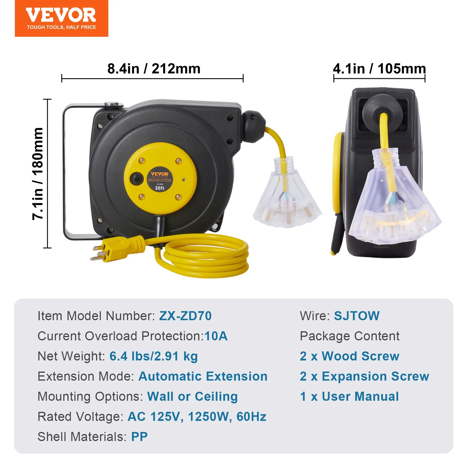 Retractable Extension Cord Reel, 30 FT, Heavy Duty 16AWG/3C SJTOW Retractable Power Cord Reel with Lighted Triple Tap Outlet 10 Amp Circuit Breaker 4.5FT Lead-in Cord, for Ceiling or Wall Mount - Image 7