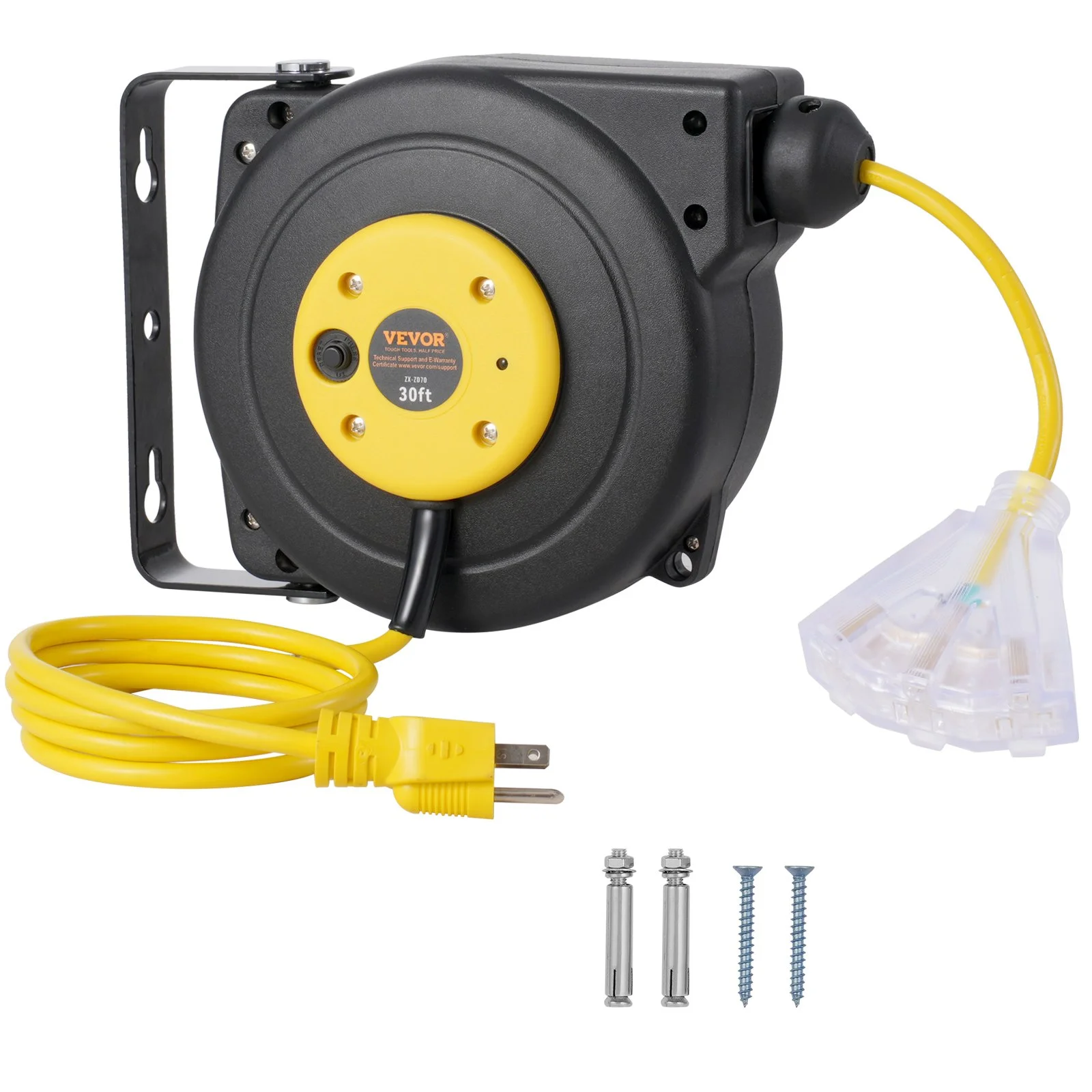 Retractable Extension Cord Reel, 30 FT, Heavy Duty 16AWG/3C SJTOW Retractable Power Cord Reel with Lighted Triple Tap Outlet 10 Amp Circuit Breaker 4.5FT Lead-in Cord, for Ceiling or Wall Mount - Image 9