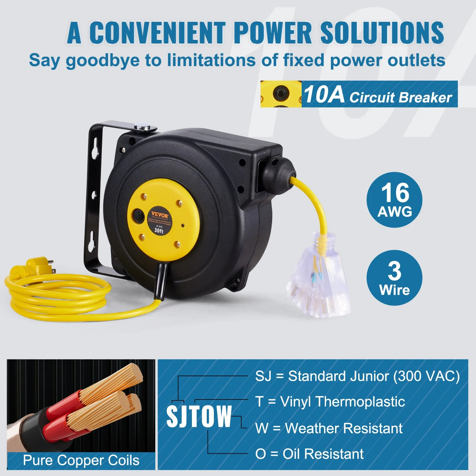 Retractable Extension Cord Reel, 30 FT, Heavy Duty 16AWG/3C SJTOW Retractable Power Cord Reel with Lighted Triple Tap Outlet 10 Amp Circuit Breaker 4.5FT Lead-in Cord, for Ceiling or Wall Mount - Image 4