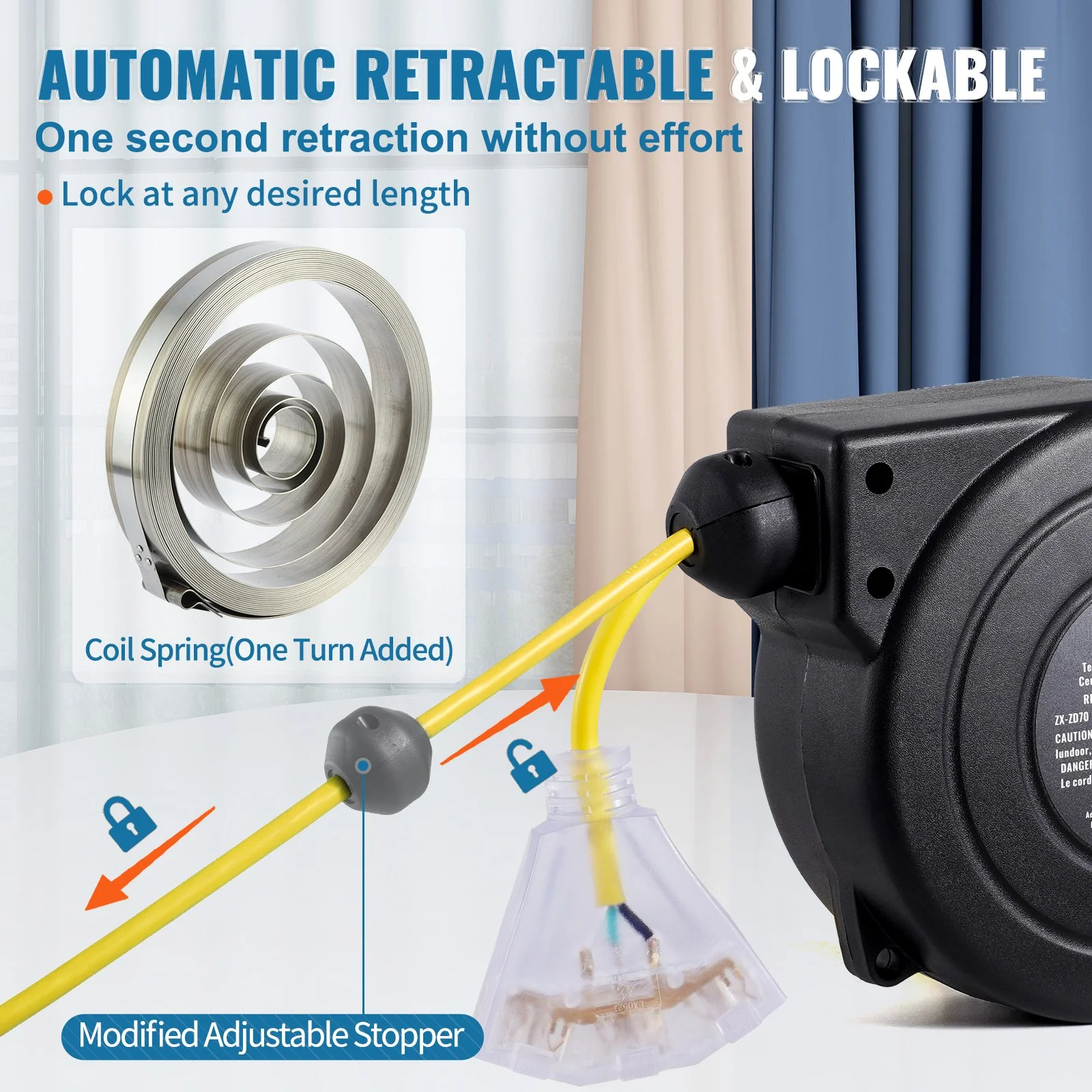 Retractable Extension Cord Reel, 30 FT, Heavy Duty 16AWG/3C SJTOW Retractable Power Cord Reel with Lighted Triple Tap Outlet 10 Amp Circuit Breaker 4.5FT Lead-in Cord, for Ceiling or Wall Mount - Image 5