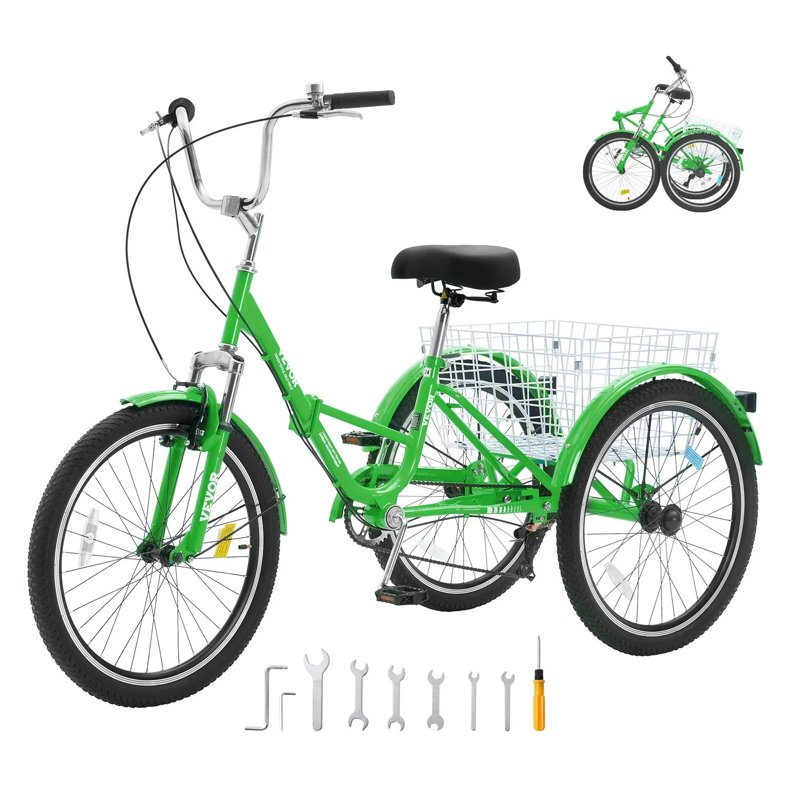 Folding Adult Tricycle, 26-Inch 7-Speed Adult Folding Trikes, Carbon Steel 3 Wheel Cruiser Bike with Basket & Adjustable Seat, Shopping Picnic Foldable Tricycles for Women, Men, Seniors (Green)