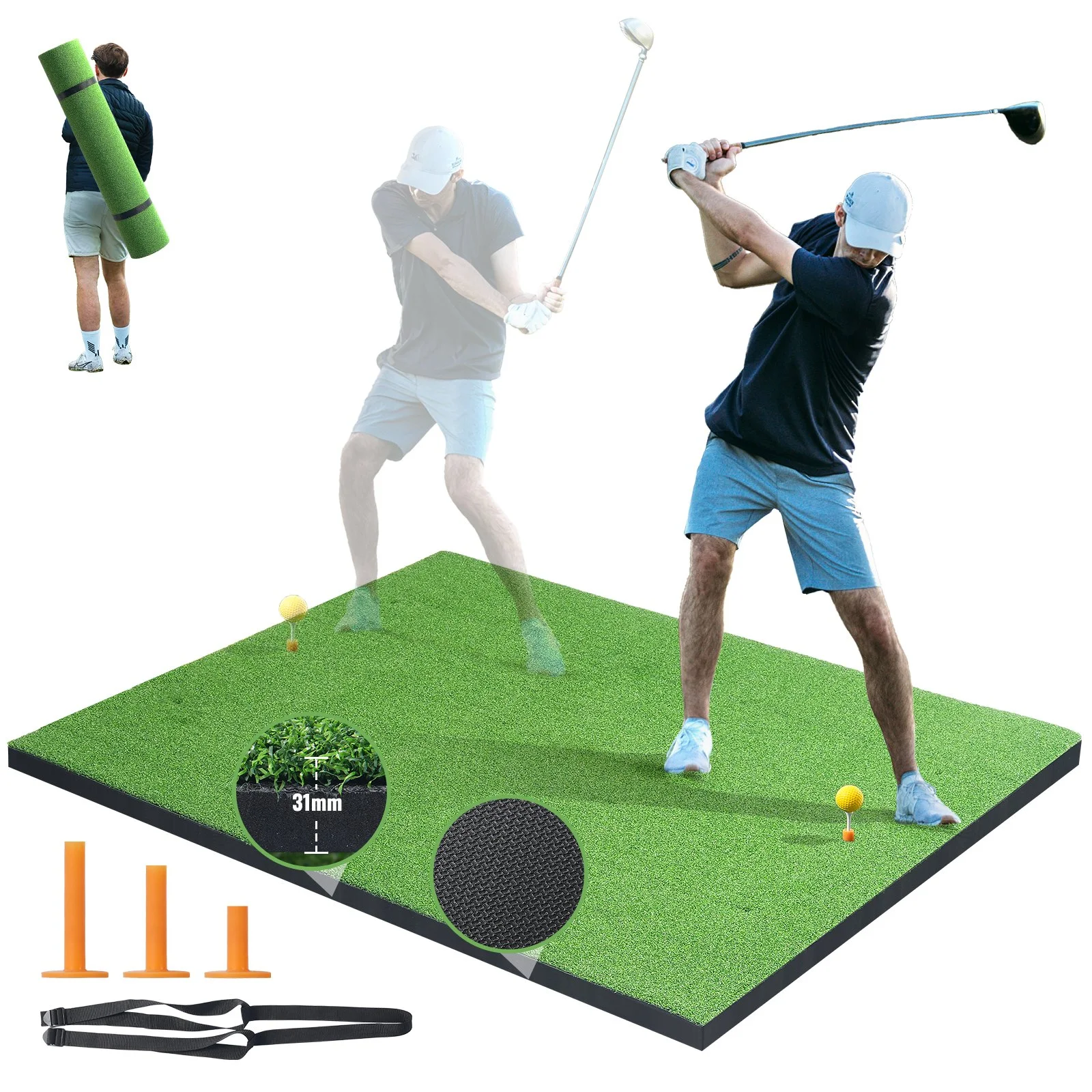 Golf Hitting Mat, 5x5ft Artificial Turf Golf Hitting Mat, Thickened Golf Hitting Training Aids with 3 Rubber Tees,  Golf Practice Hitting Mat for Backyard Driving Indoor Outdoor Training