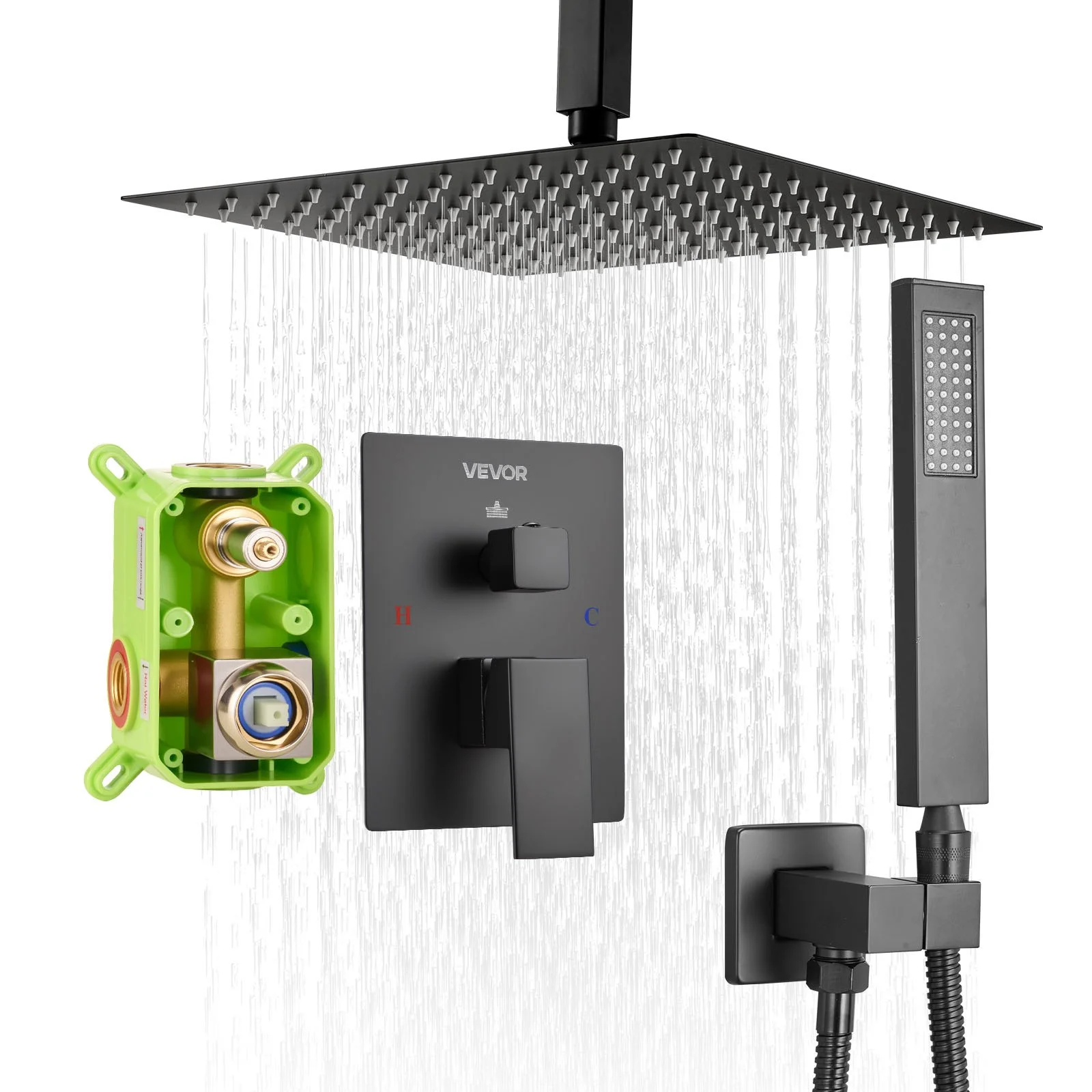 Shower Faucet Set, Rainfall Bathroom Shower System with 12-Inch Square Rain Shower Head and Handheld Spray, Ceiling Mount Bath Fixtures with Brass Valve and Trim Kit, Matte Black