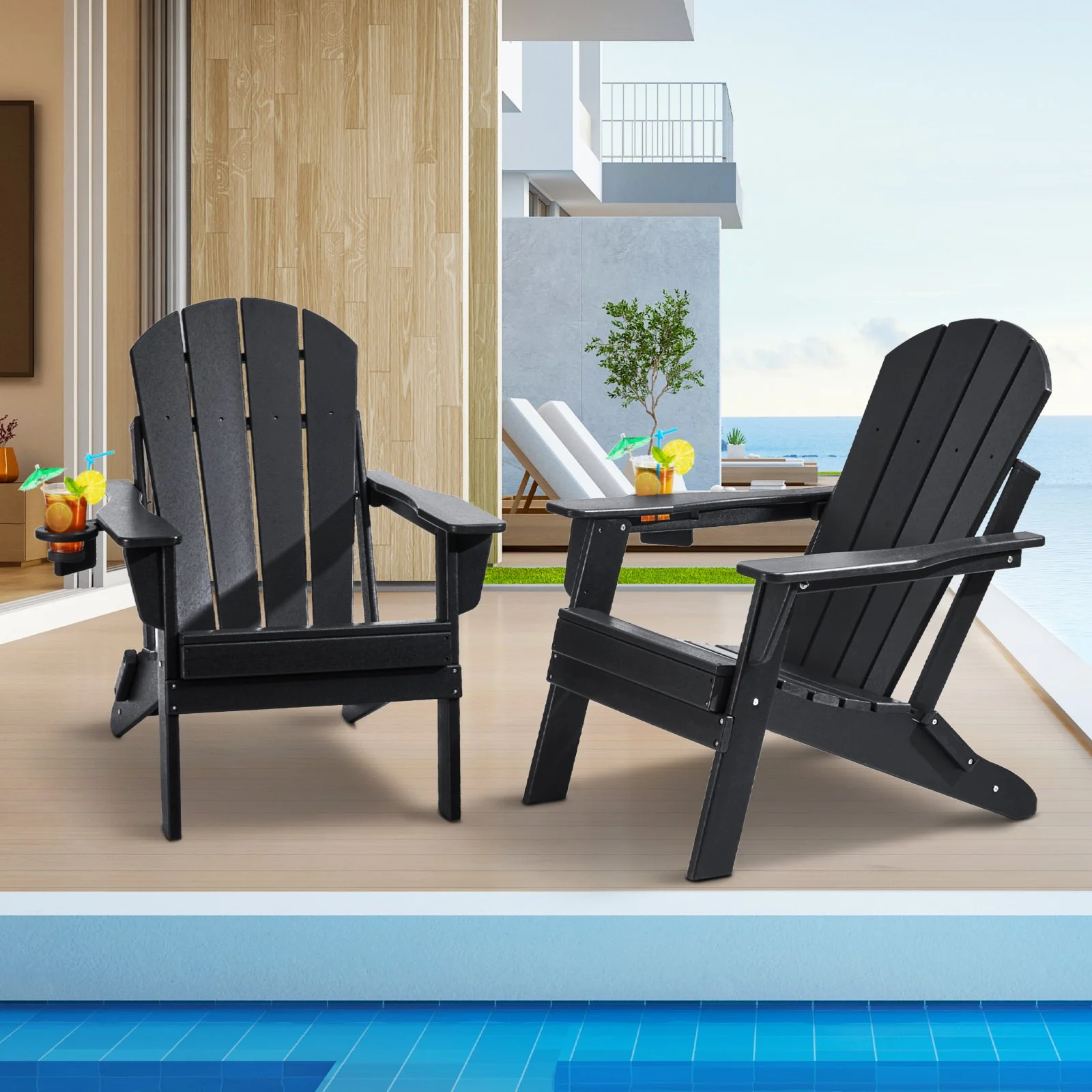 Adirondack Chair Plastic, Set of 2 All-Weather Portable Folding Fire Pit Chair, Outdoor Adirondack Patio Chair with Cup Holder, with Relaxing Arm Rest Ergonomic, for Garden, Backyard - Black