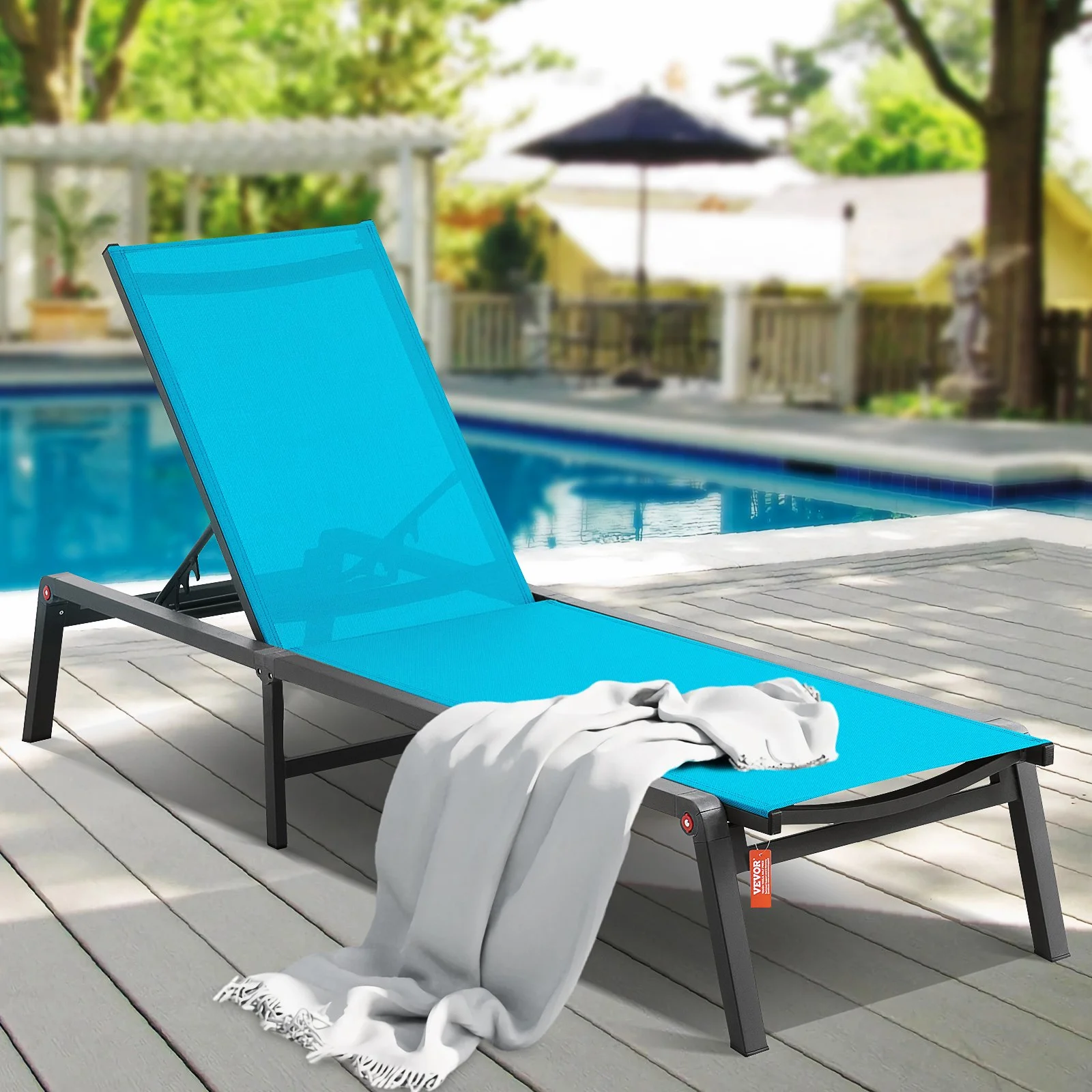 Chaise Lounge Chair Outdoor, Aluminum Patio Lounge Chair with Adjustable 5-Position, Folding Pool Lounge Chair Recliner and Full Flat Tanning Chair for Patio, Beach, Pool, Blue - Image 6