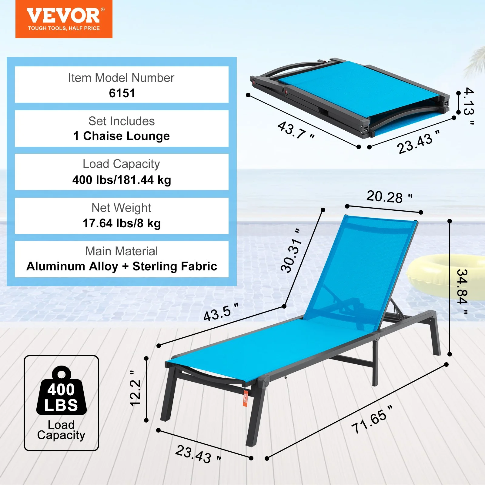 Chaise Lounge Chair Outdoor, Aluminum Patio Lounge Chair with Adjustable 5-Position, Folding Pool Lounge Chair Recliner and Full Flat Tanning Chair for Patio, Beach, Pool, Blue - Image 4