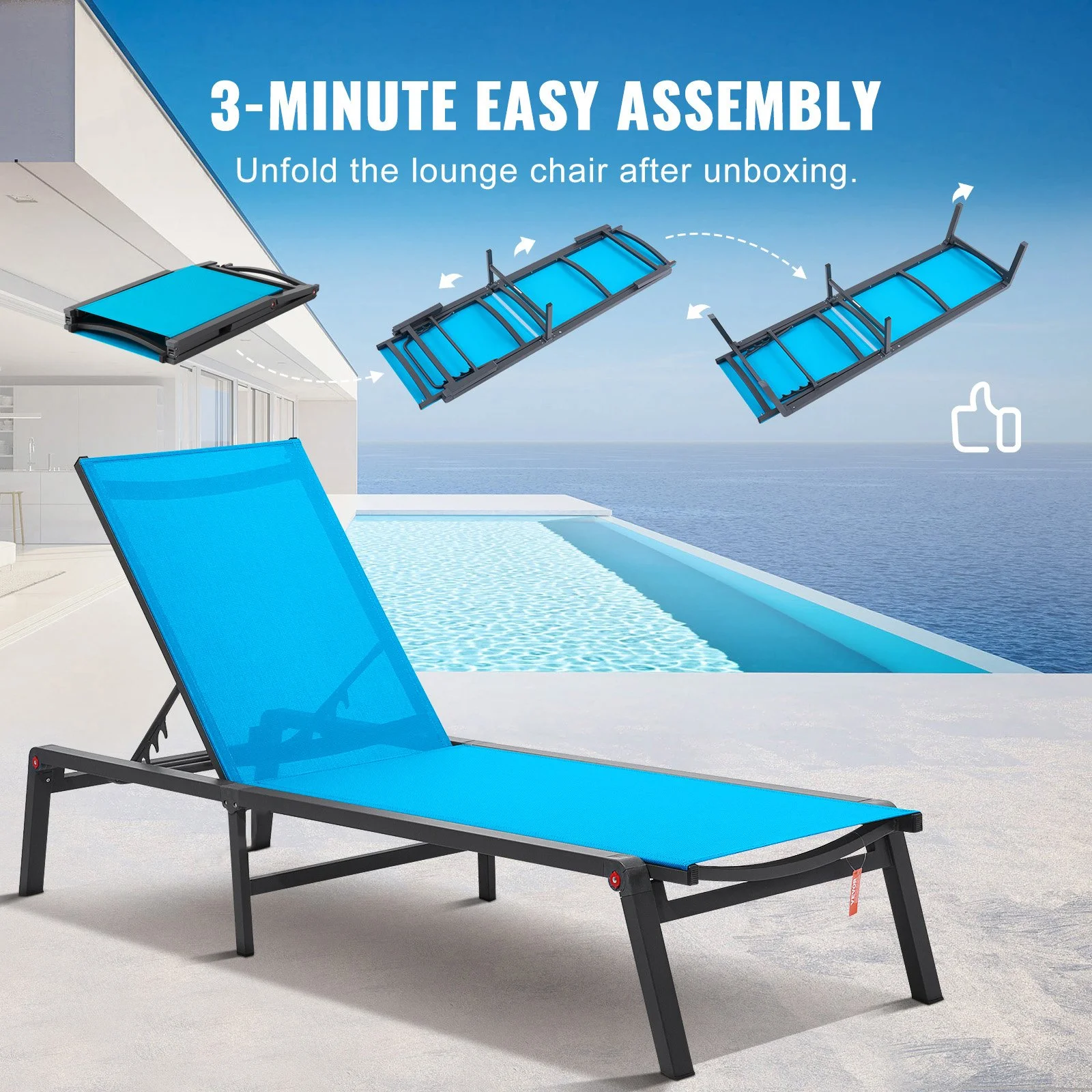 Chaise Lounge Chair Outdoor, Aluminum Patio Lounge Chair with Adjustable 5-Position, Folding Pool Lounge Chair Recliner and Full Flat Tanning Chair for Patio, Beach, Pool, Blue - Image 9