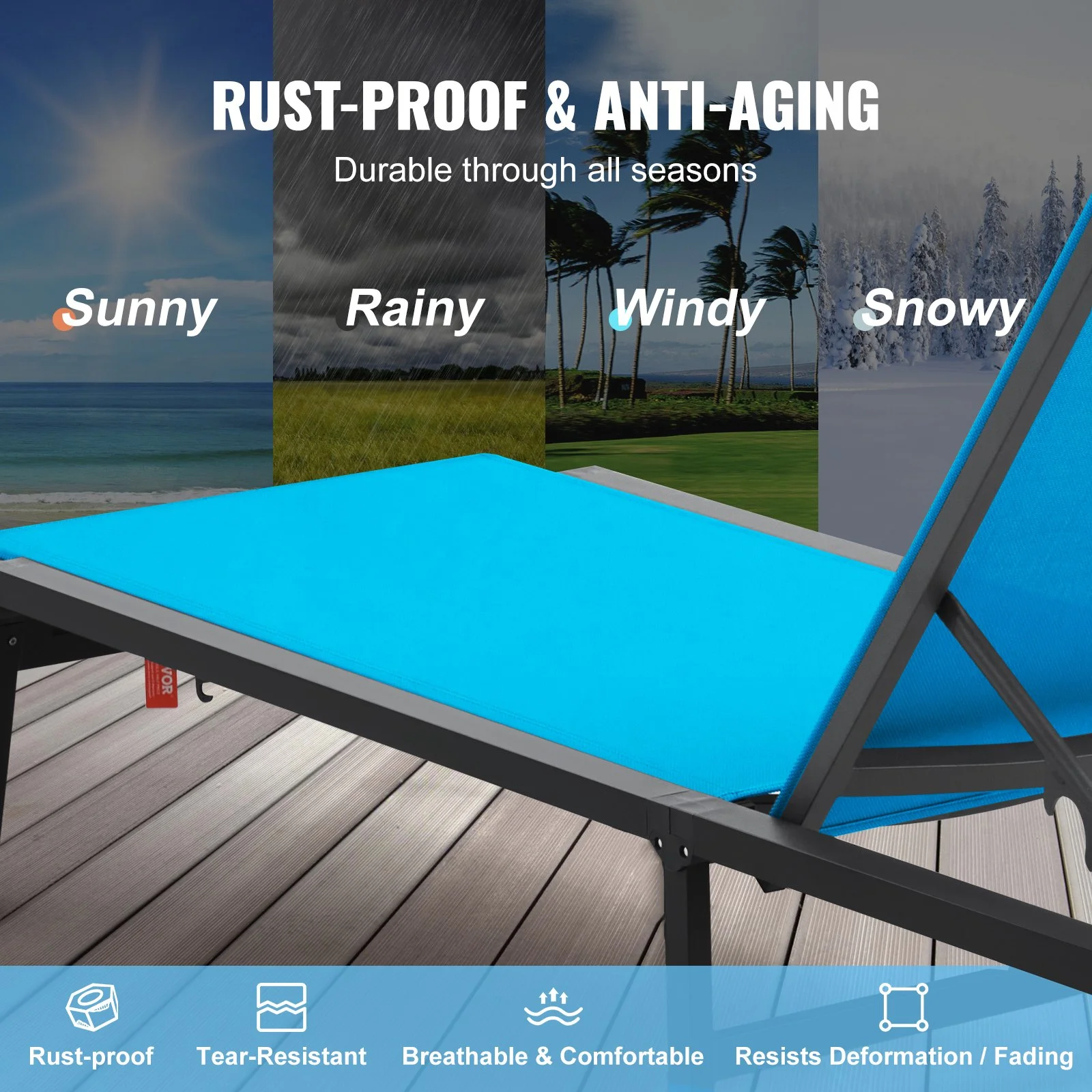 Chaise Lounge Chair Outdoor, Aluminum Patio Lounge Chair with Adjustable 5-Position, Folding Pool Lounge Chair Recliner and Full Flat Tanning Chair for Patio, Beach, Pool, Blue - Image 7