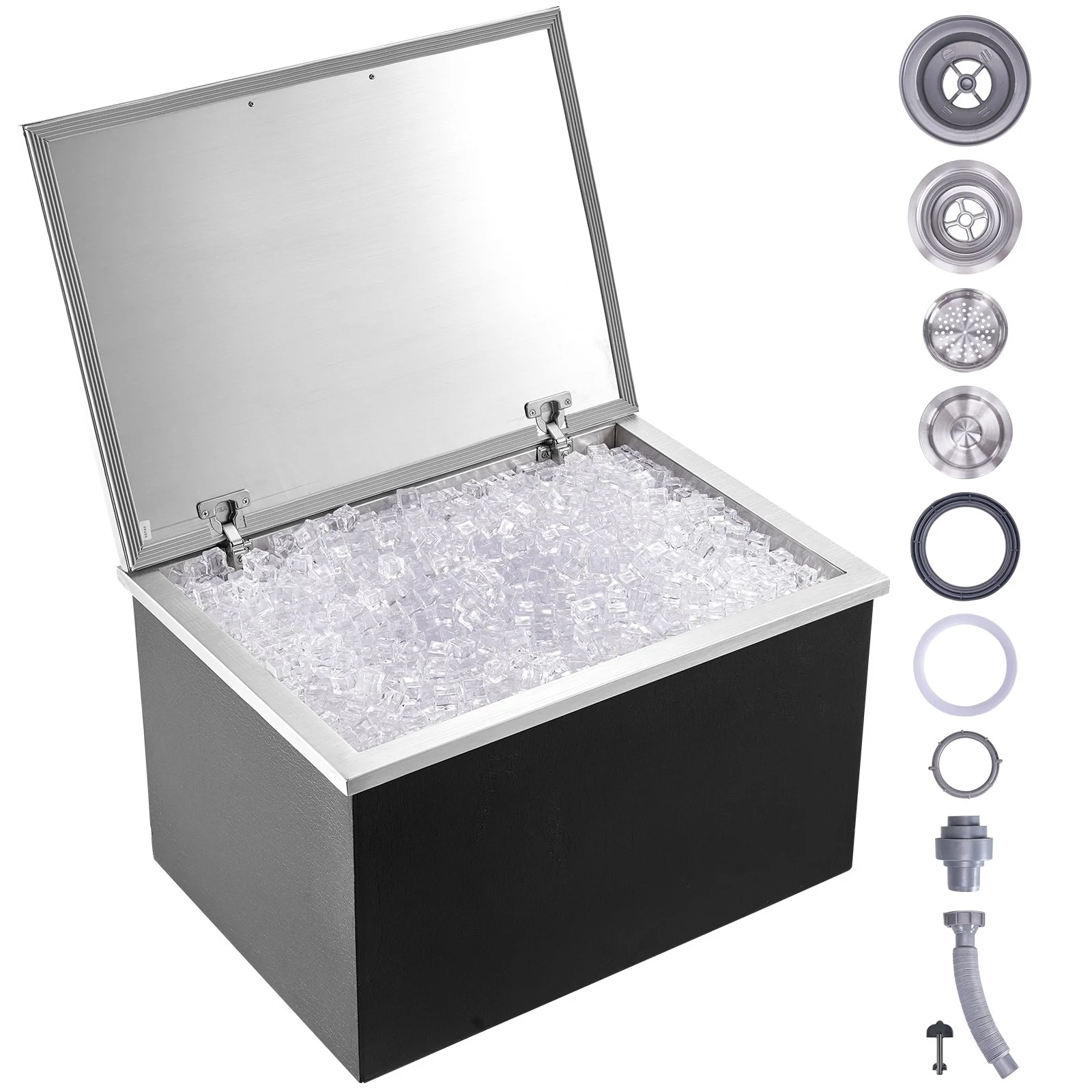 Drop in Ice Chest, 28"L x 20"W x 17"H Stainless Steel Ice Cooler, Commercial Ice Bin with Hinged Cover, 40 qt Outdoor Kitchen Ice Bar, Drain-pipe and Drain Plug Included, for Cold Wine Beer
