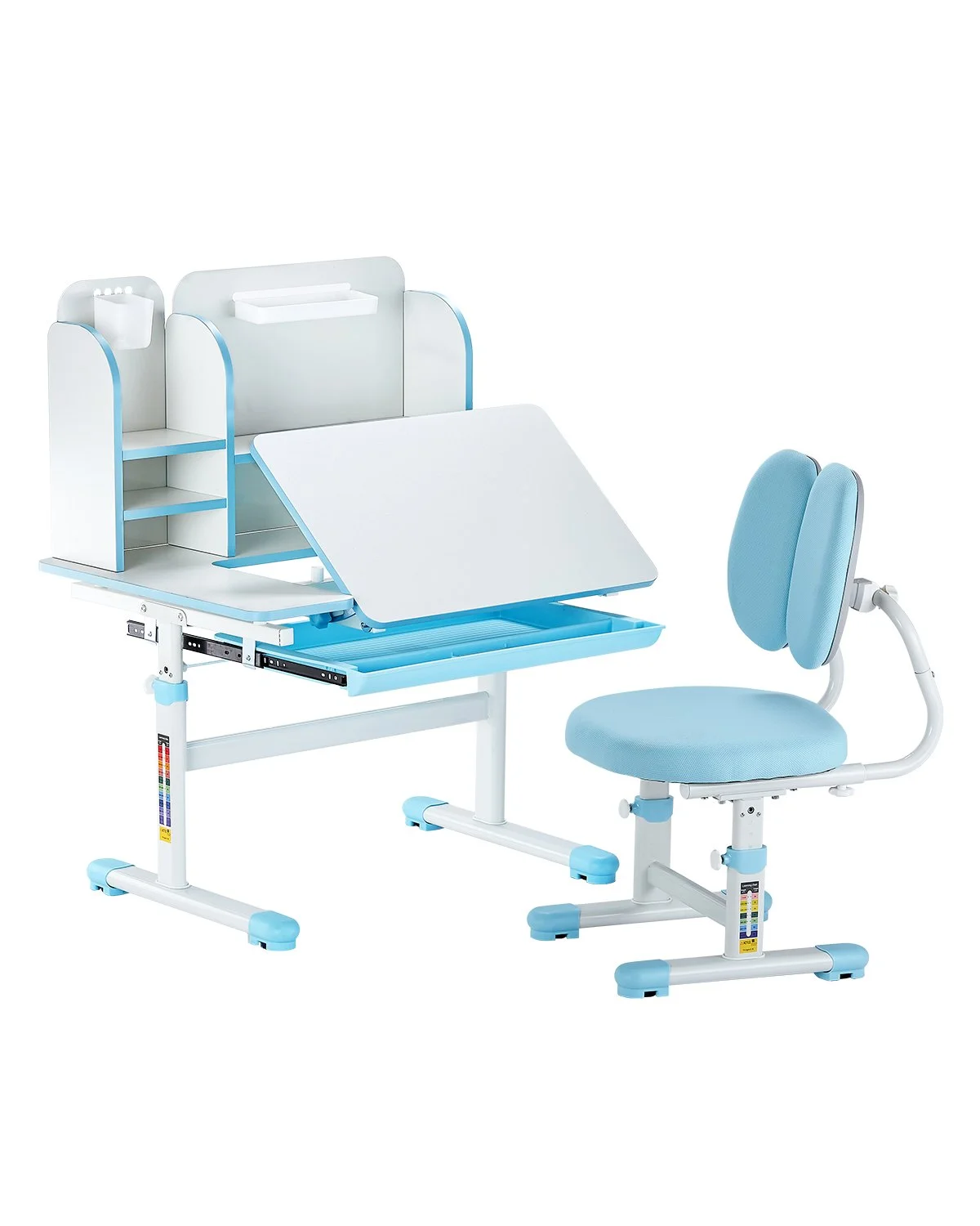 Kids Study Chair and Desk Set, Study Desk and Chair for Kids with Bookshelf & Storage Drawer, Adjustable Height & 0-40° Tilted Desktop Desk and Chair, Study Table for Bedroom & Study Room, Blue