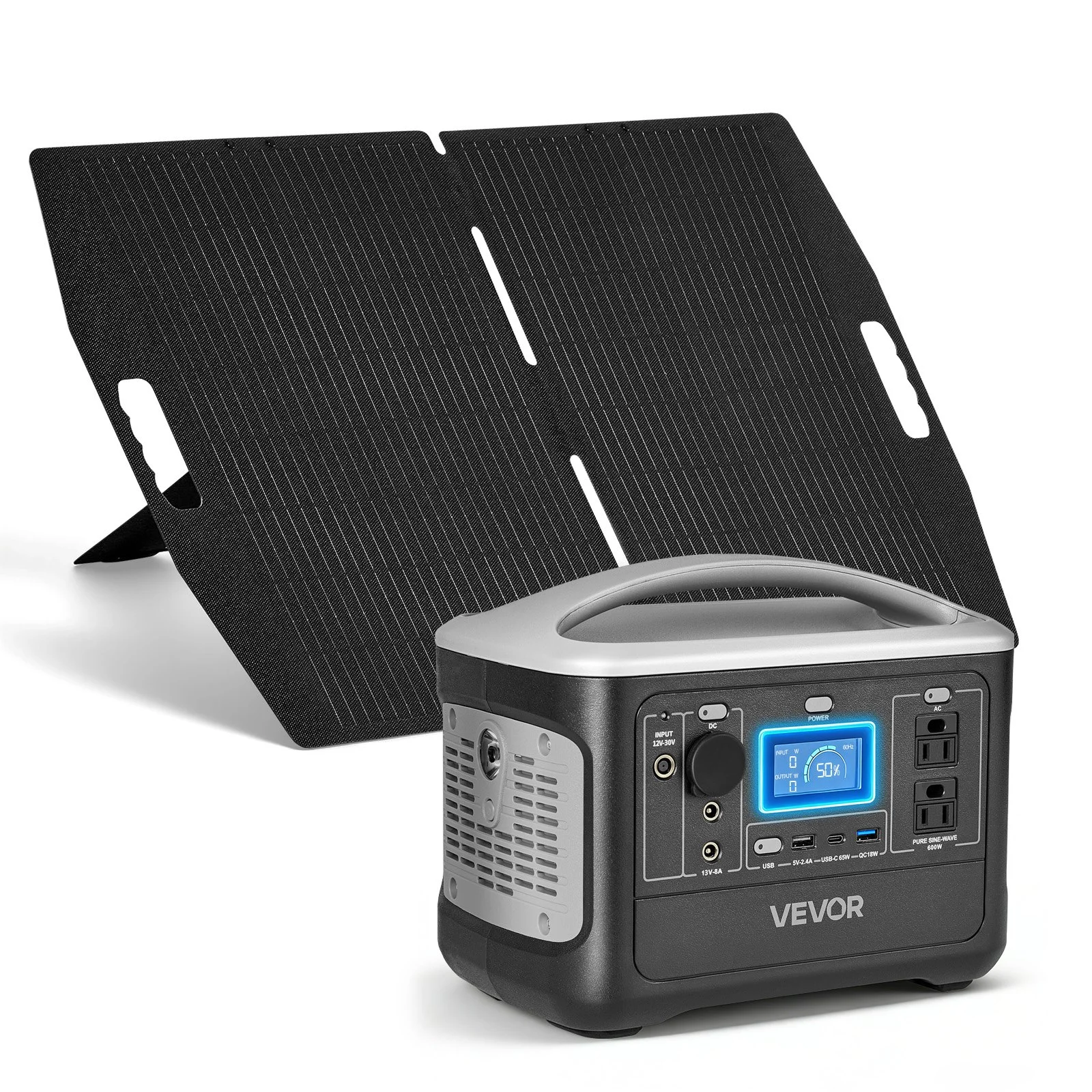 Portable Power Station with 100W Solar Panel, 600W Solar Generator Power Station, 493Wh LiFePO4 Battery Backup with 8 Output Ports for Home Emergency, Outdoor Camping, RV Travel