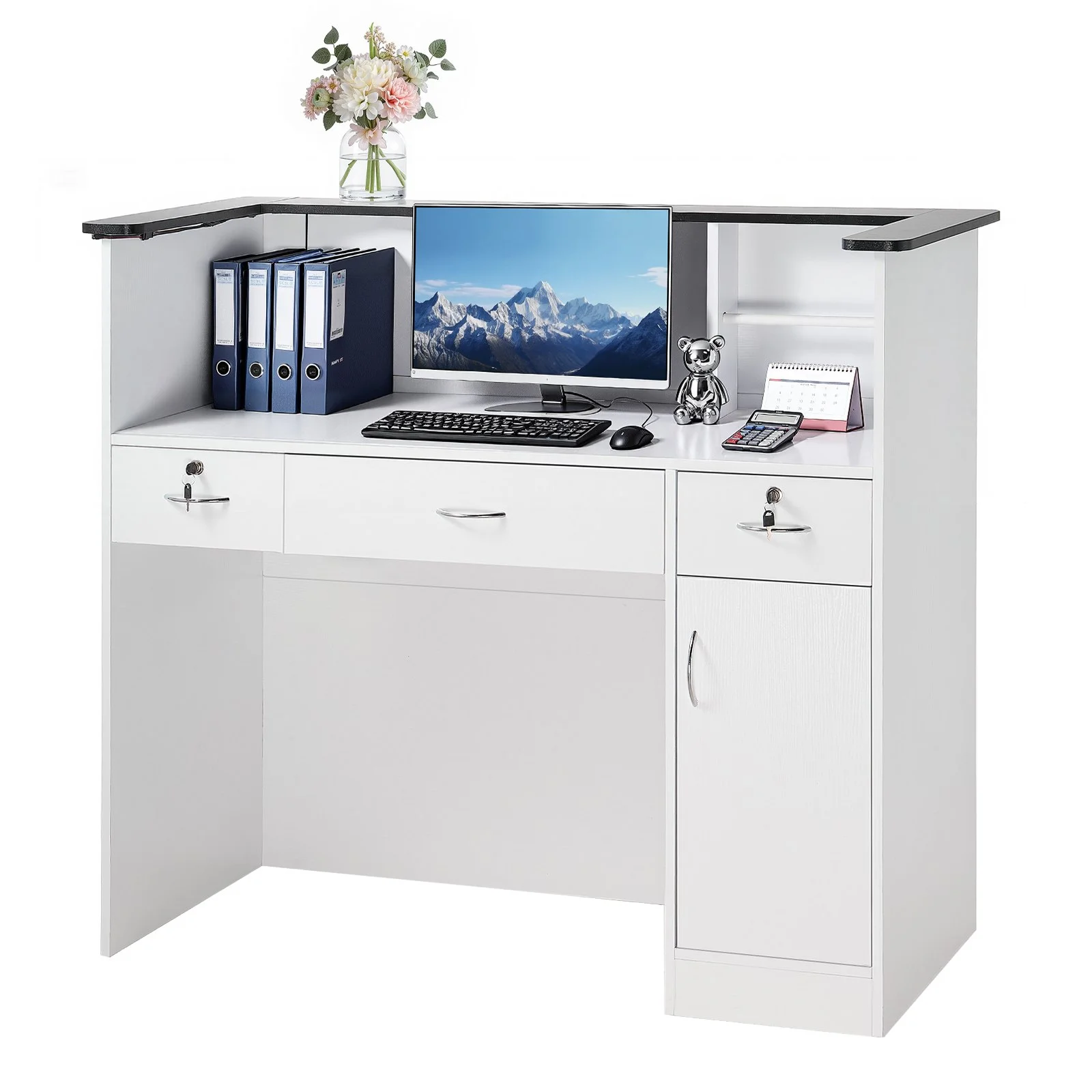 Reception Desk, 50 inch Rectangular Front Counter Table, Modern Office Reception Desk with Light Strip, 3 Drawers & Storage Cabinets, Retail Counter Table for Checkout, Lobby, Salon, Office