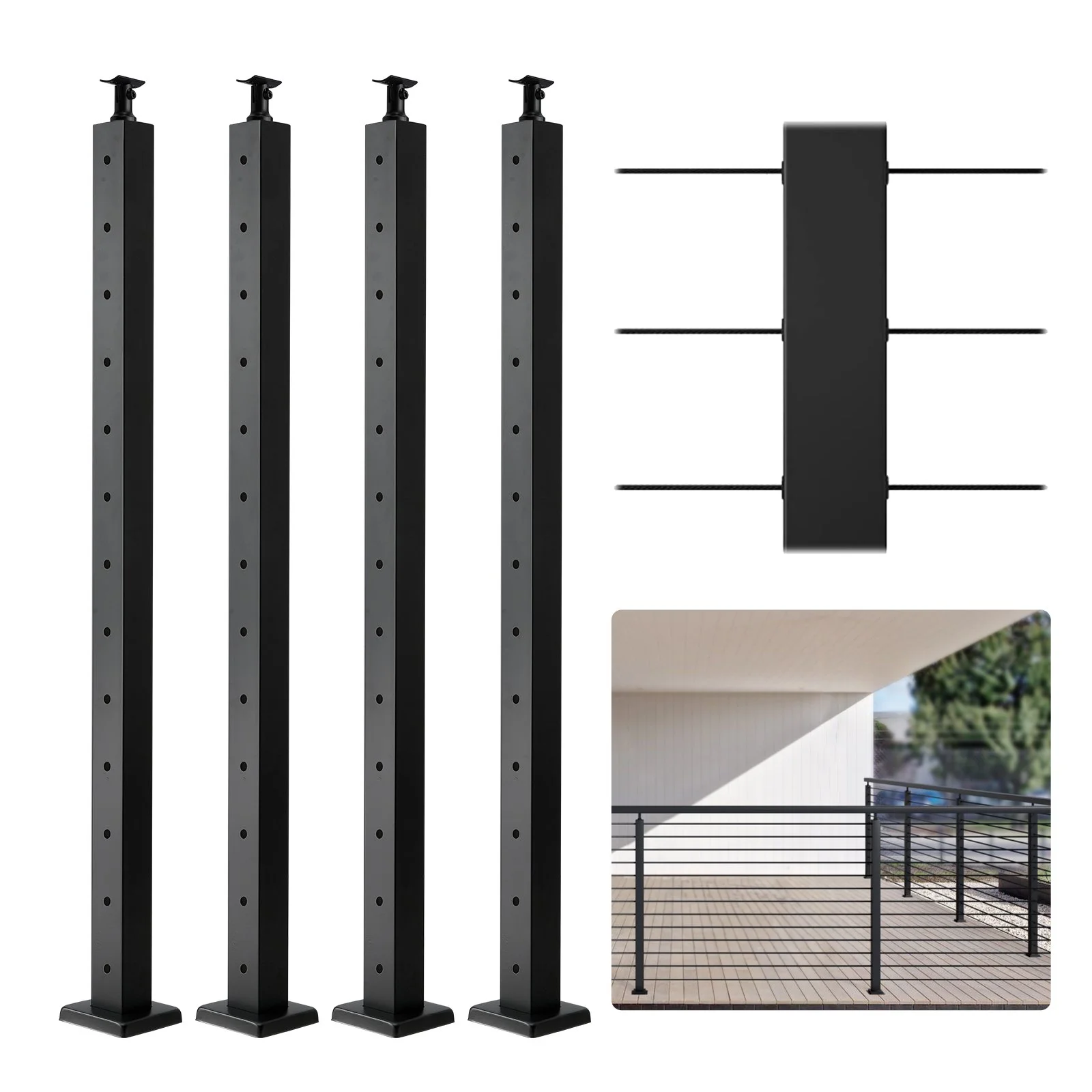 4-Pack Cable Railing Post, 42" x 2" x 2" Steel Horizontal Hole Deck Railing Post, 13 Pre-Drilled Holes, SUS304 Stainless Steel Cable Rail Post with Horizontal and Curved 4JZLGZ106755EAEN9V0