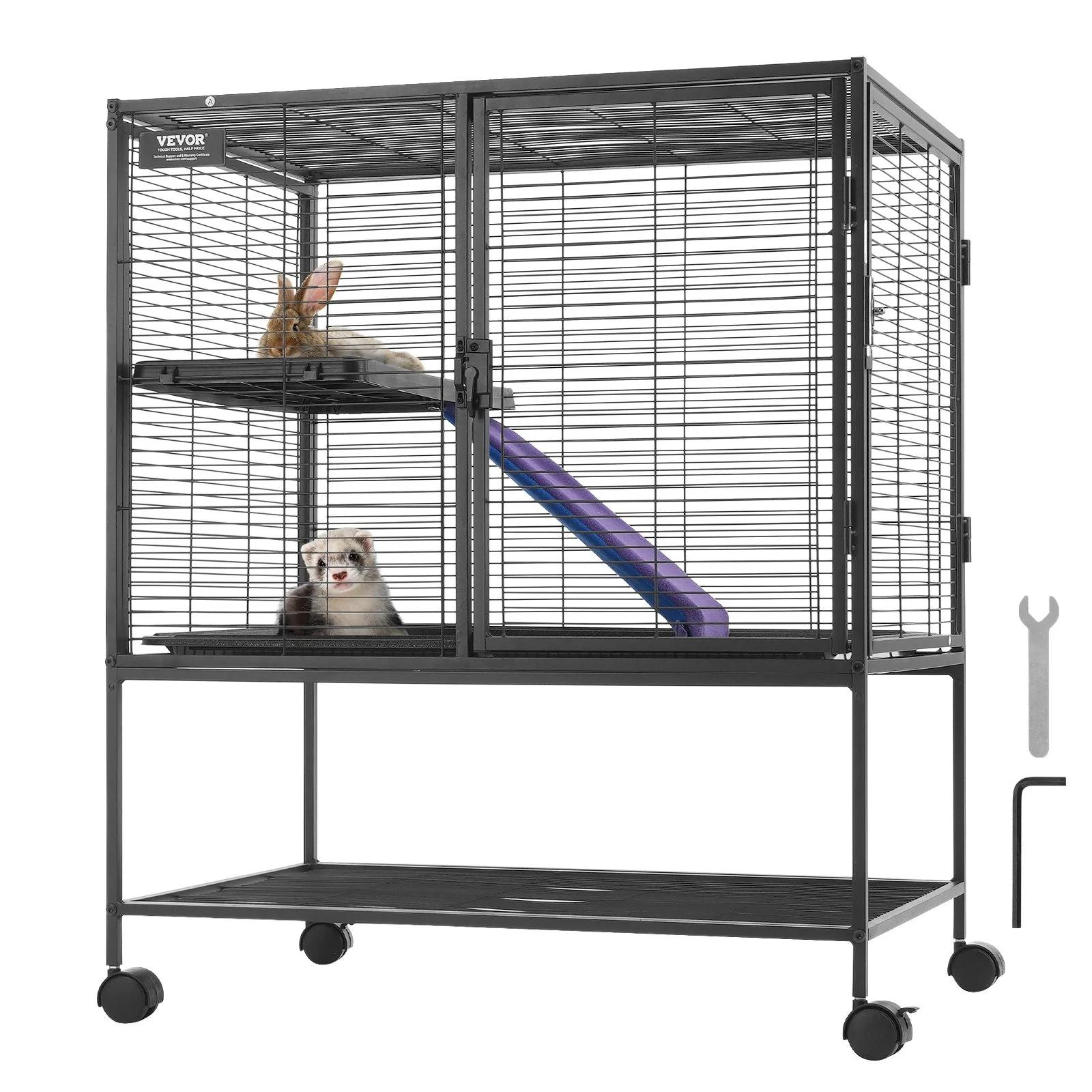36" Rolling Metal Ferret Cage, Large 2-Tier Cage, Small Animal Cage with Ramps & Tray, Easy to Set up for Pet Rats, Hamster, Guinea Pig, Chinchilla, Squirrel, Hedgehogs, Bunny