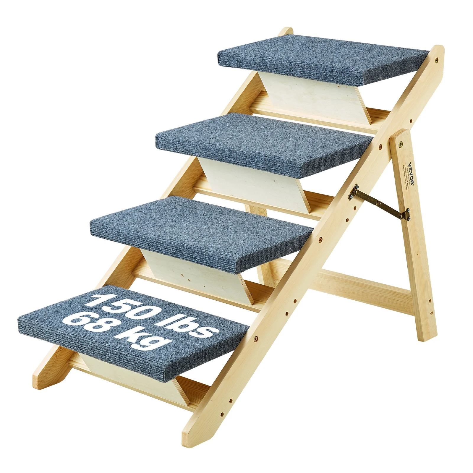 Wooden Pet Steps and Ramp Combo, 2-in-1 Design, Foldable Access for Beds, Sofas, and Vehicles, 4-Step Structure for Pets of Small to Large Size, Supports up to 150 lbs
