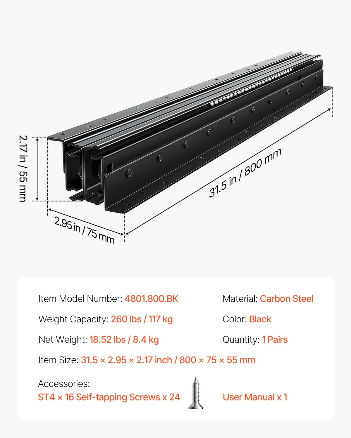 Undermount Drawer Slides, 32 inch, Full Extension Ball Bearing Under Stair Cabinet Rails, 260 LB Load Capacity Heavy Duty Bottom Stair Cabinet Glides Track Runners,for DIY Replacement, Black - Image 3